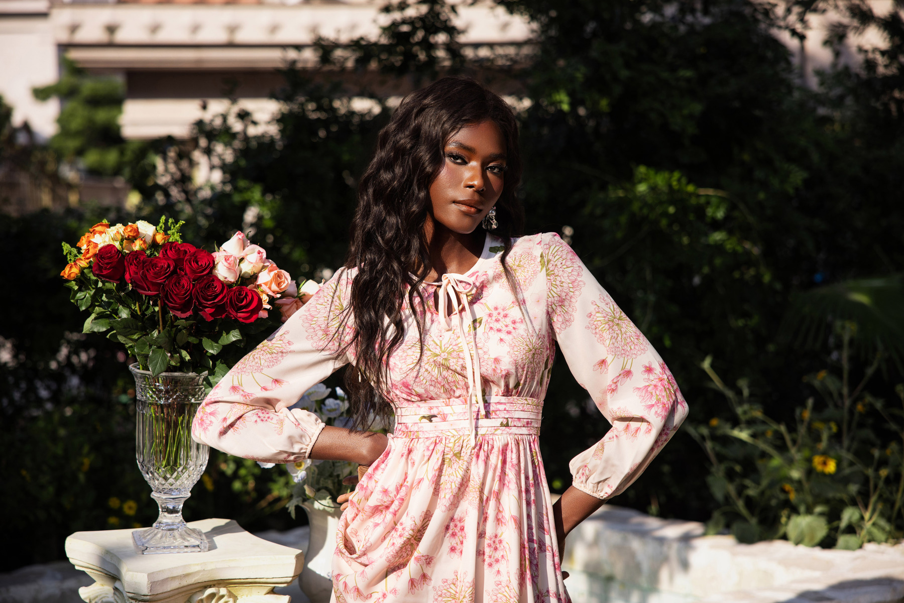 Floral Print Round Neck Puff Sleeve Maxi Dress