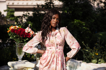 Floral Print Round Neck Puff Sleeve Maxi Dress