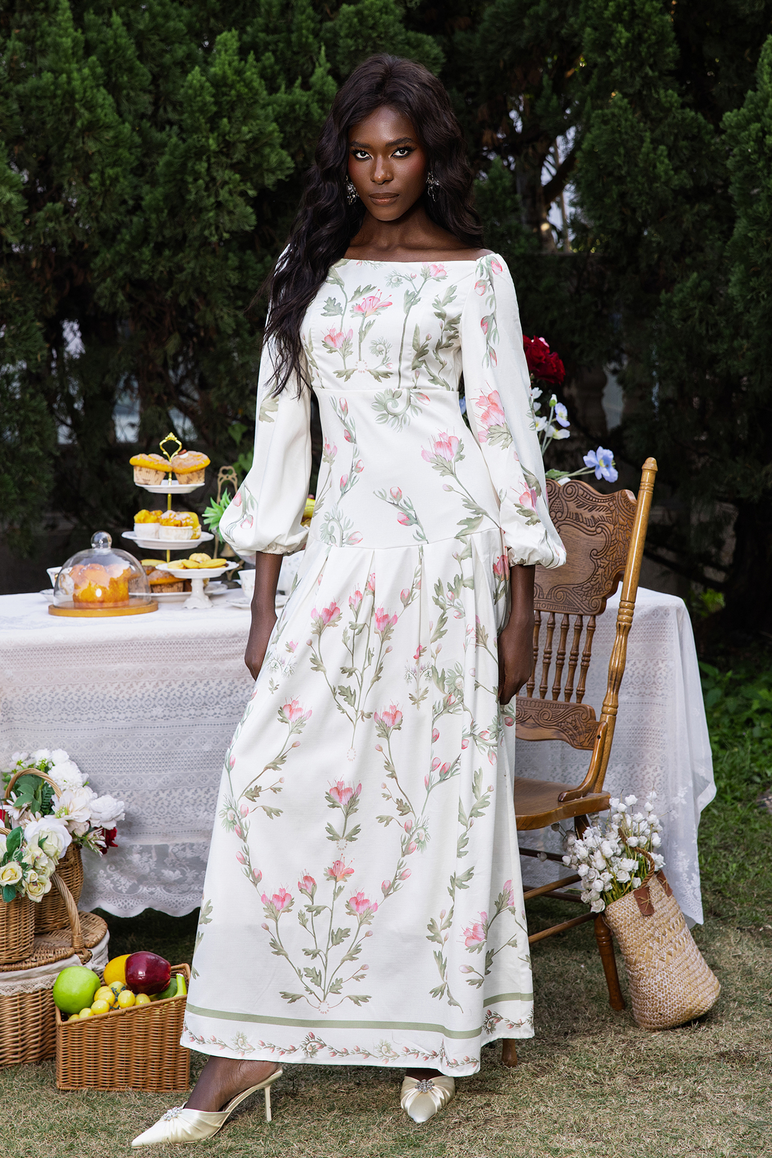 Floral Lantern Sleeve Off-Shoulder Maxi Dress