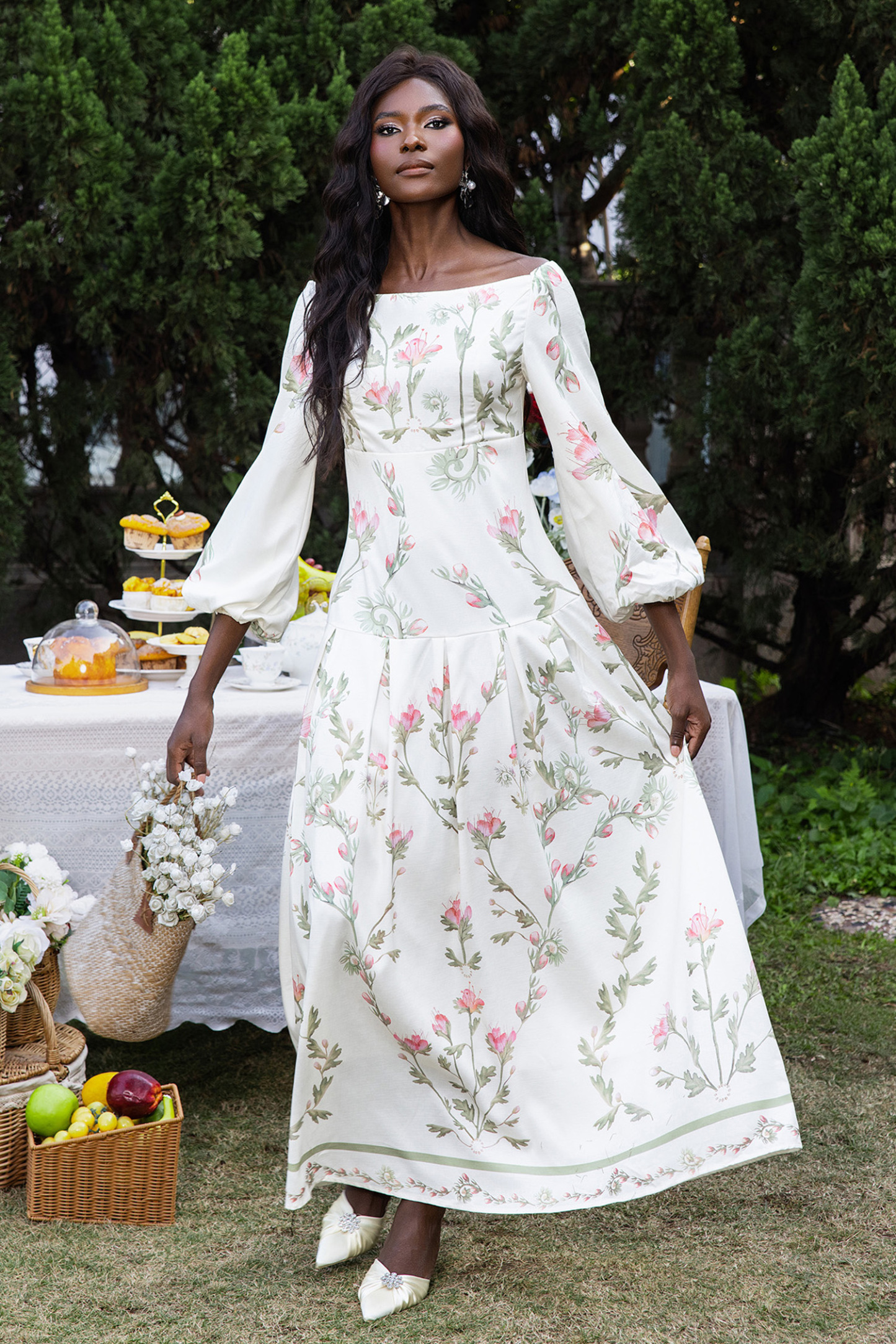 Floral Lantern Sleeve Off-Shoulder Maxi Dress