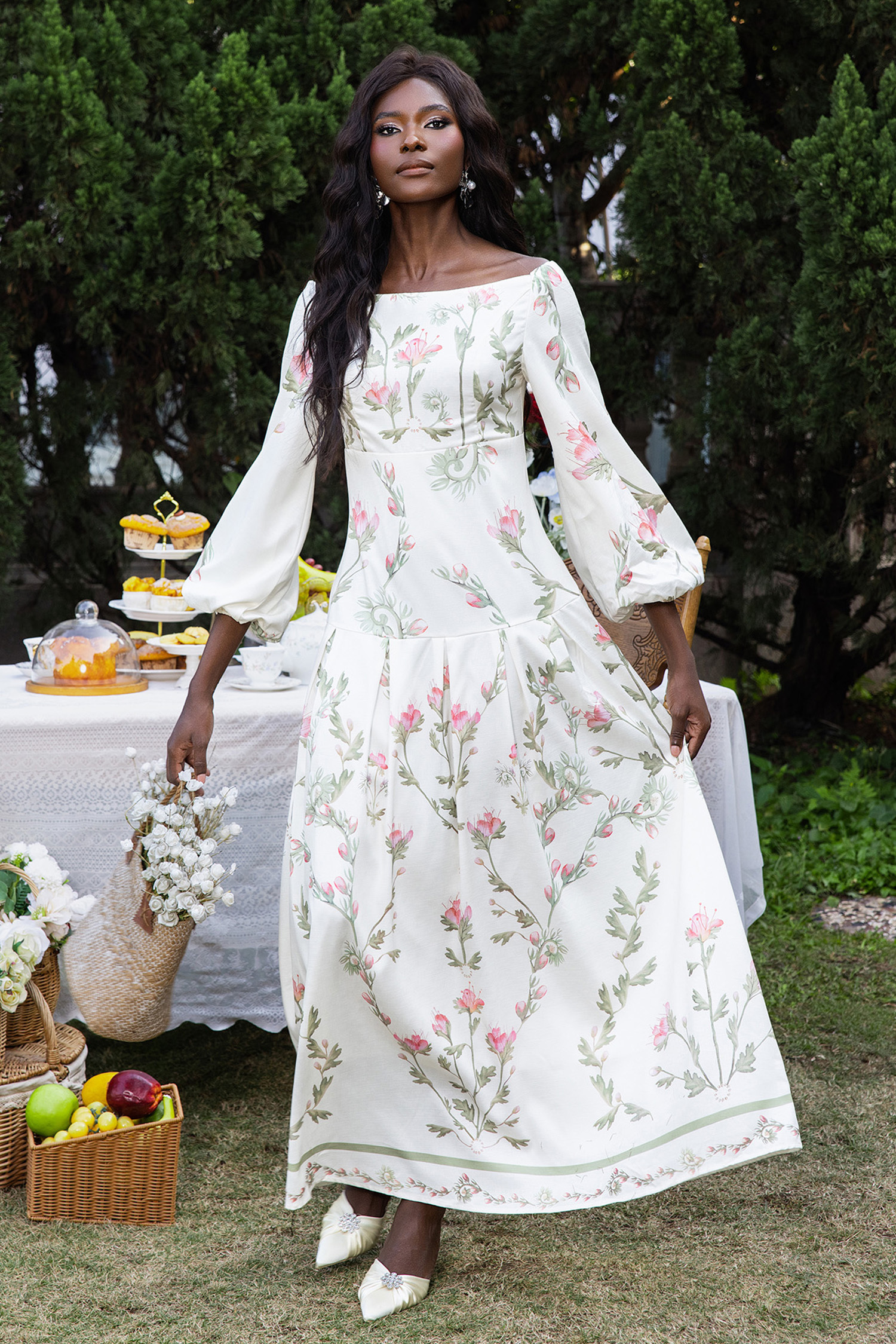 Floral Lantern Sleeve Off-Shoulder Maxi Dress