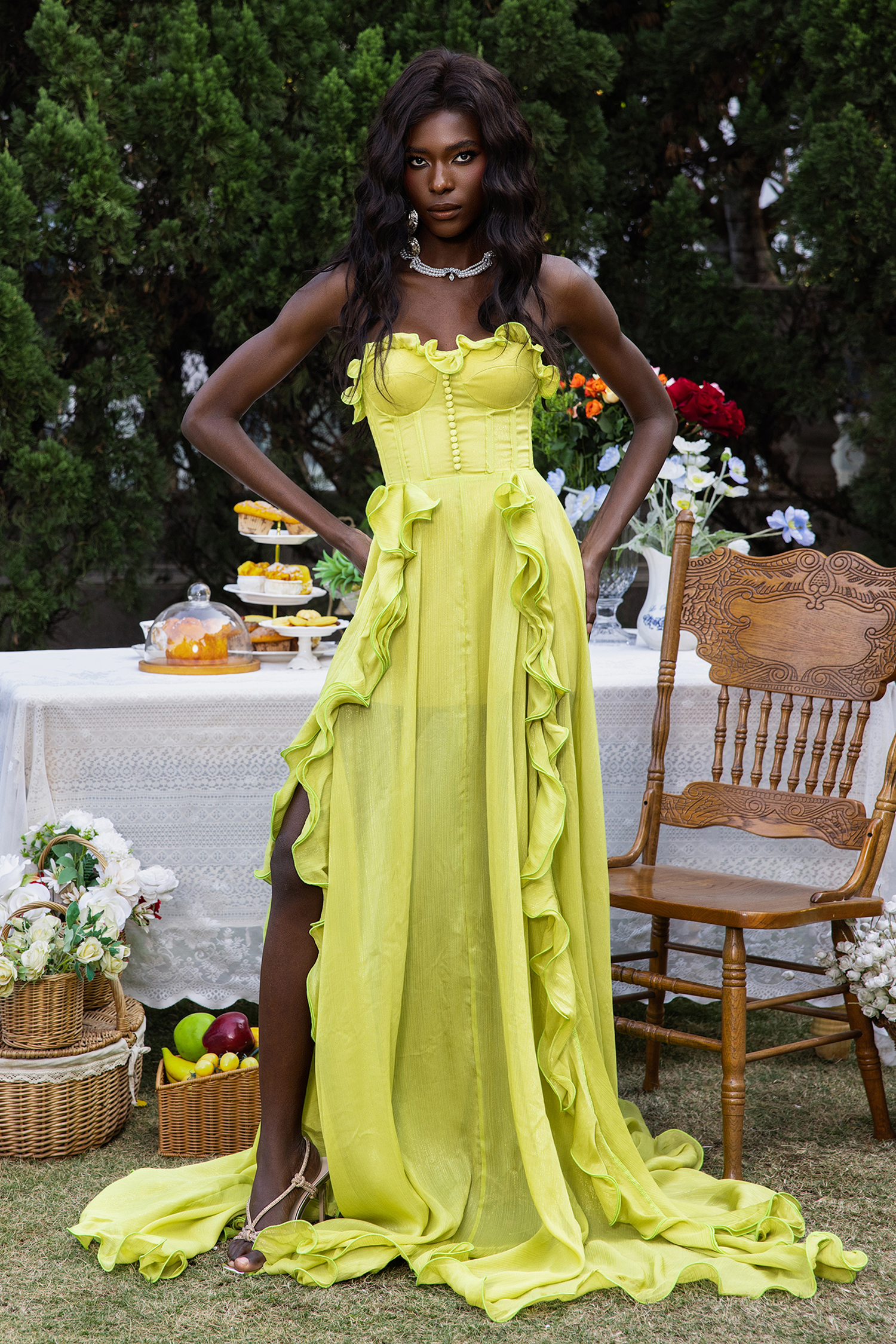 Solid Frill Sweetheart Neck Sleeveless Maxi Dress