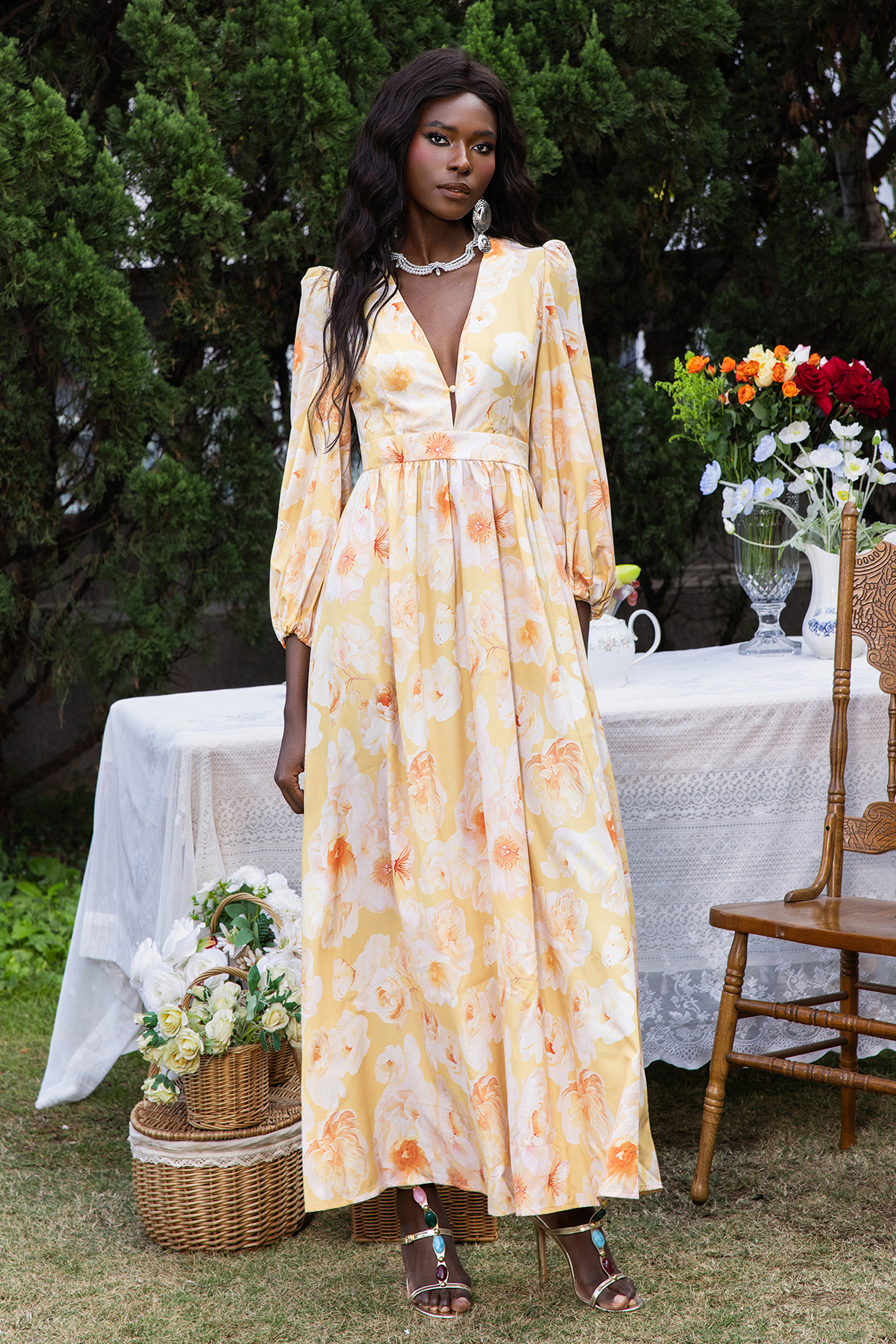 Floral V-Neck Long Sleeve Midi Dress