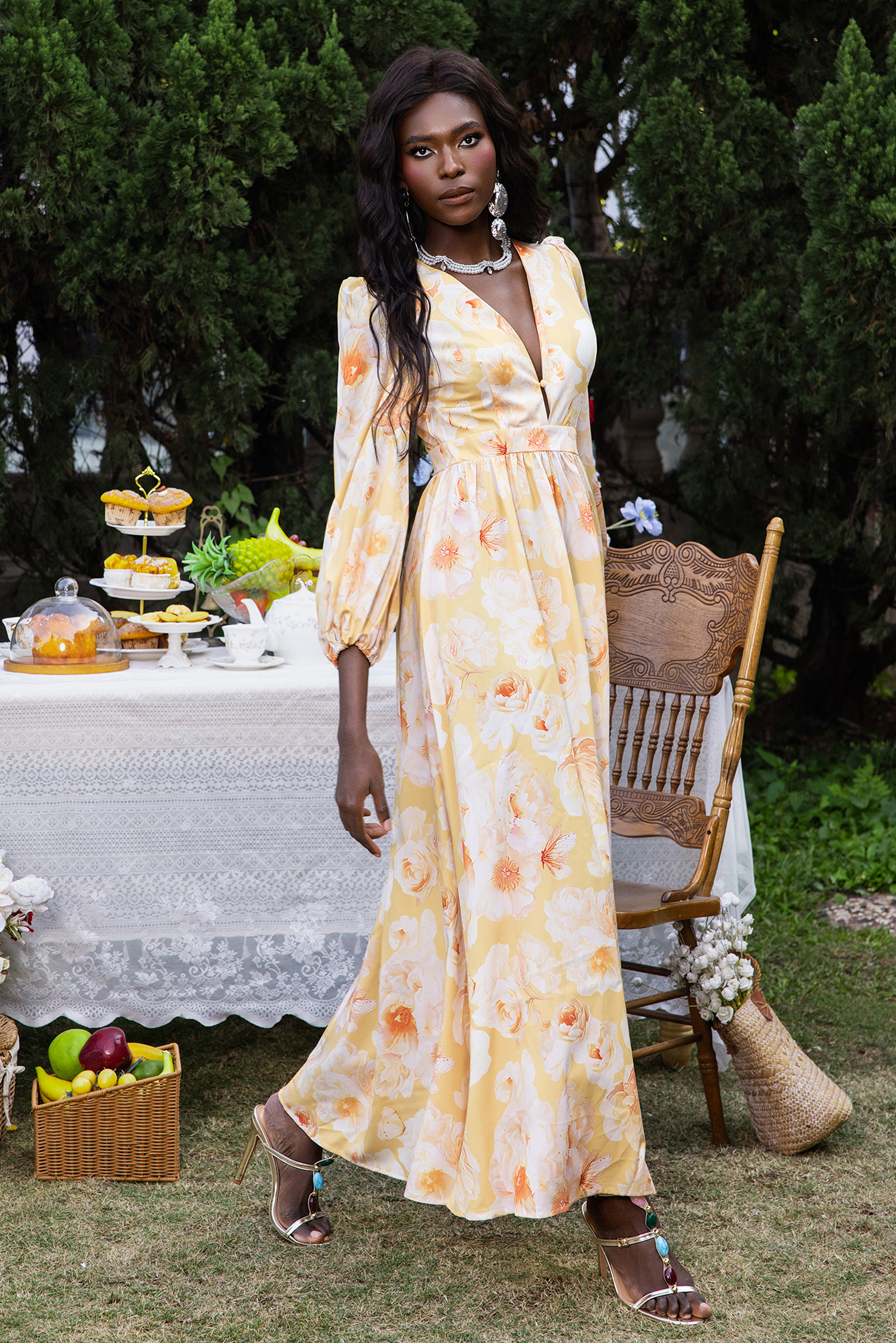 Floral V-Neck Long Sleeve Midi Dress