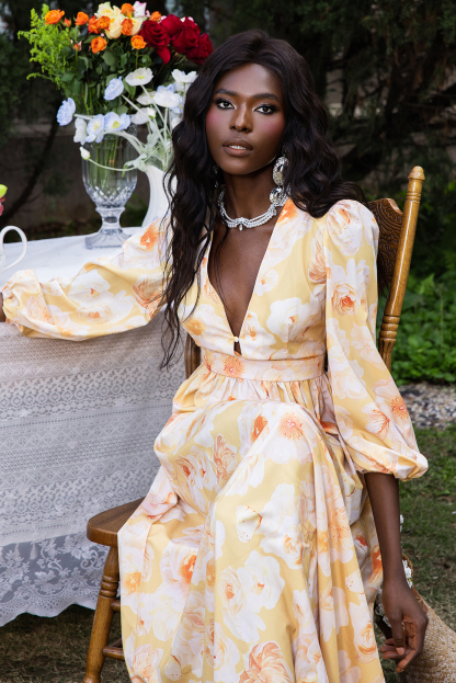 Floral V-Neck Long Sleeve Midi Dress