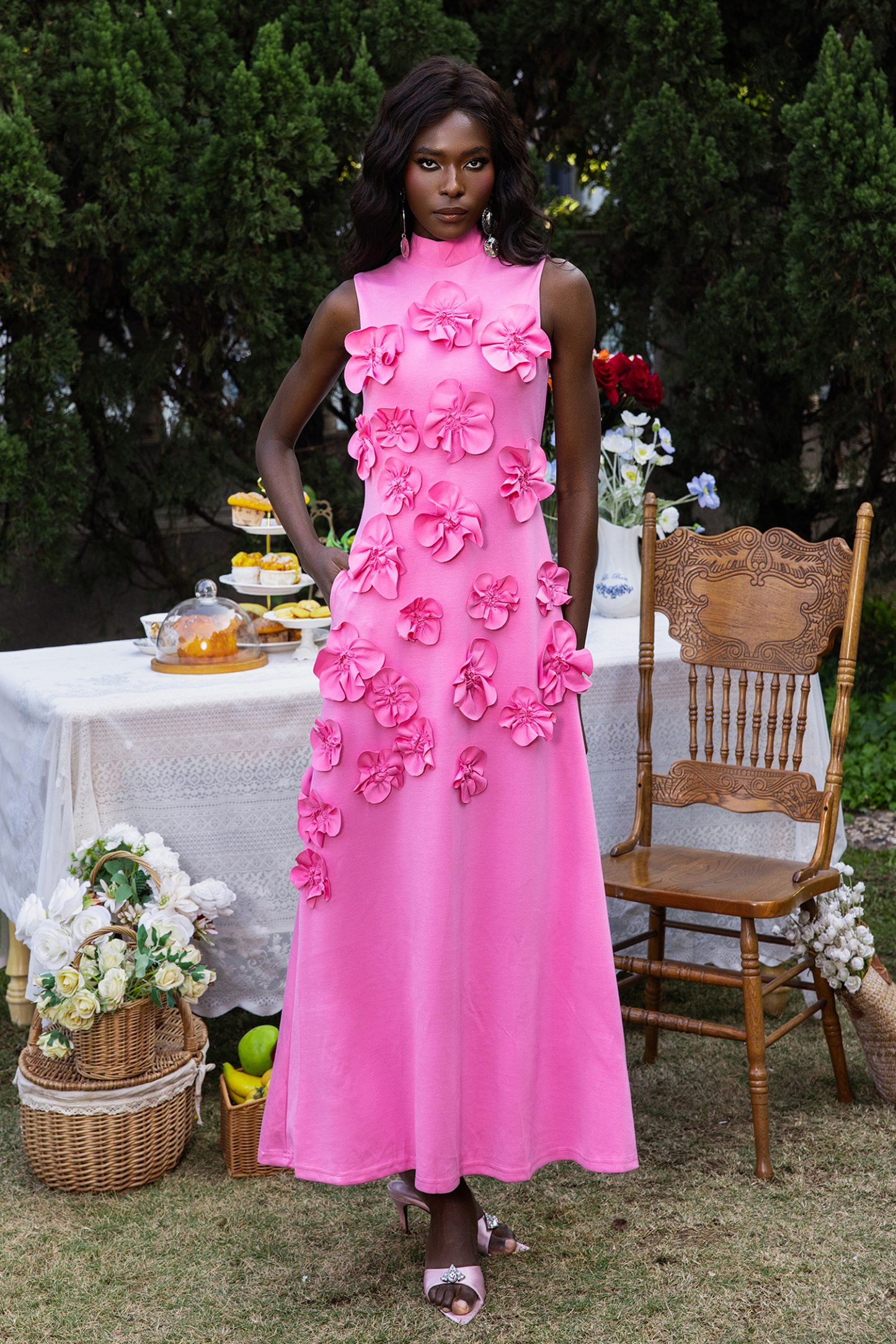 3D Floral High Neck Sleeveless Maxi Dress