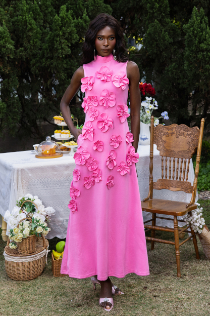 3D Floral High Neck Sleeveless Maxi Dress