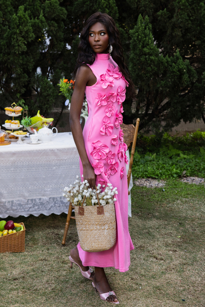 3D Floral High Neck Sleeveless Maxi Dress