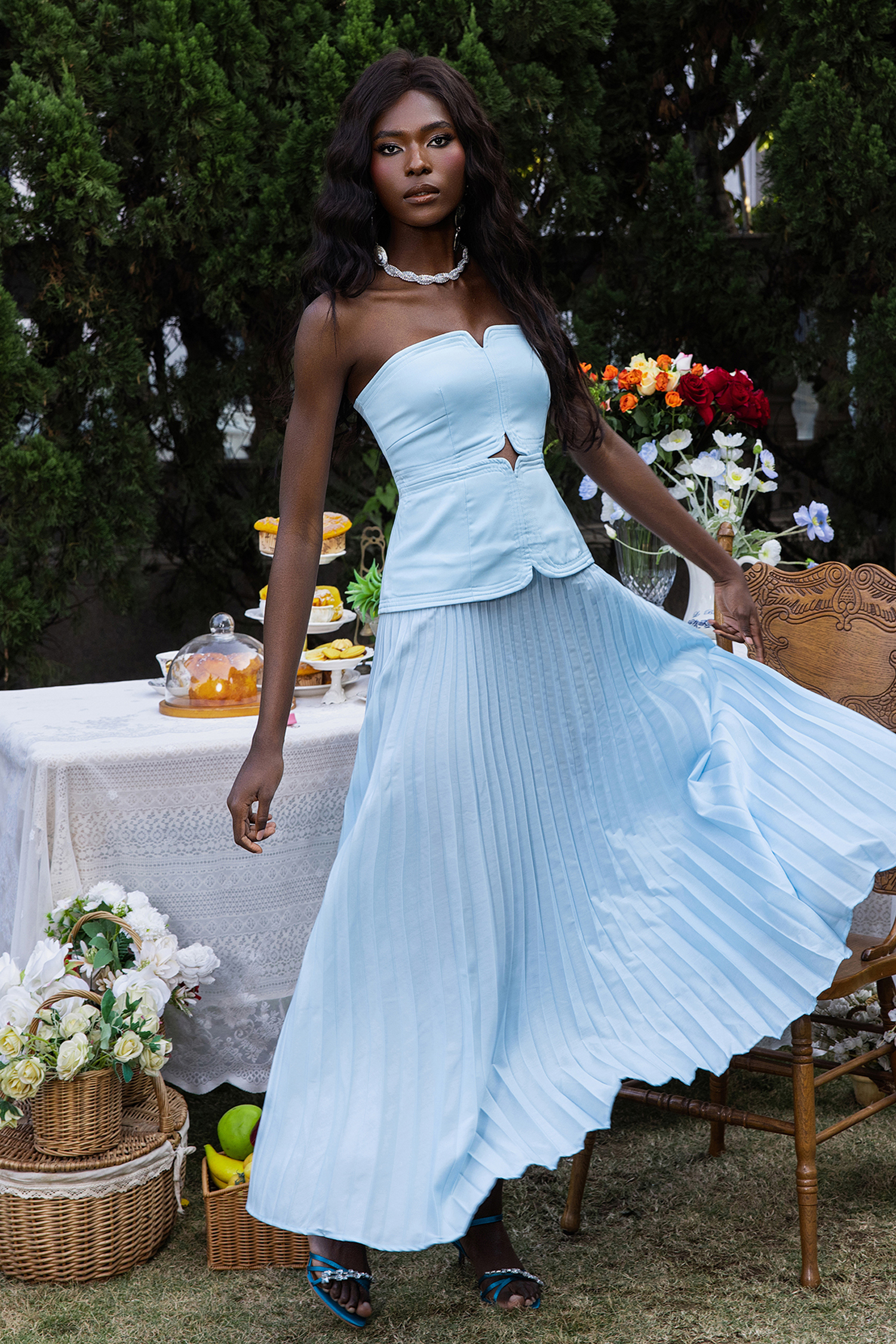 Sweetheart Neck Off-Shoulder Pleated Midi Dress