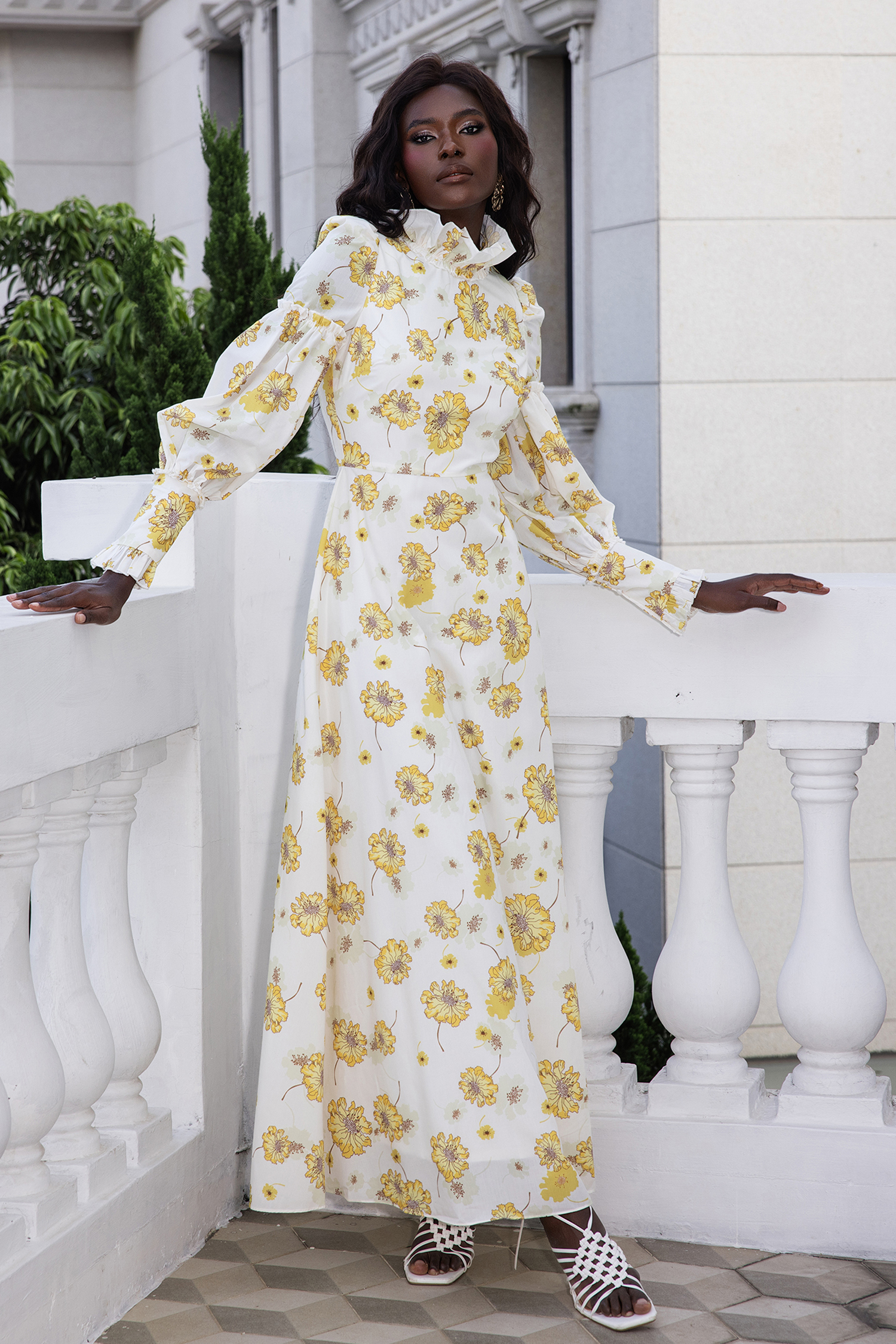 Floral Stand Collar Lantern Sleeve Maxi Dress