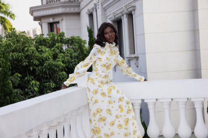 Floral Stand Collar Lantern Sleeve Maxi Dress