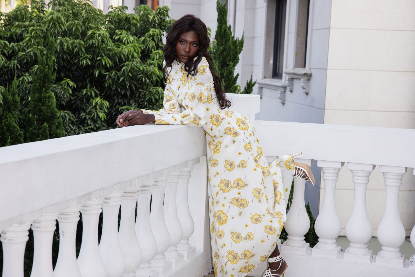 Floral Stand Collar Lantern Sleeve Maxi Dress