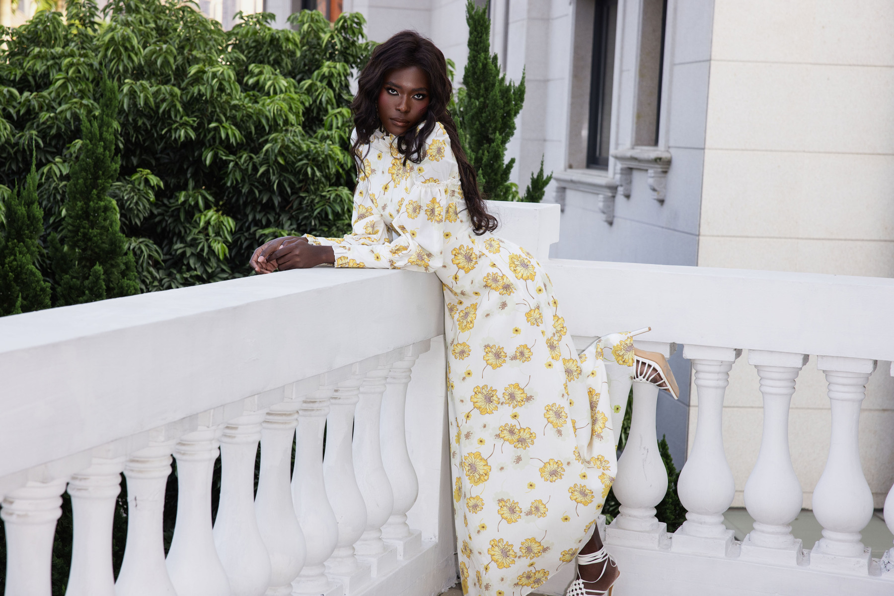 Floral Stand Collar Lantern Sleeve Maxi Dress