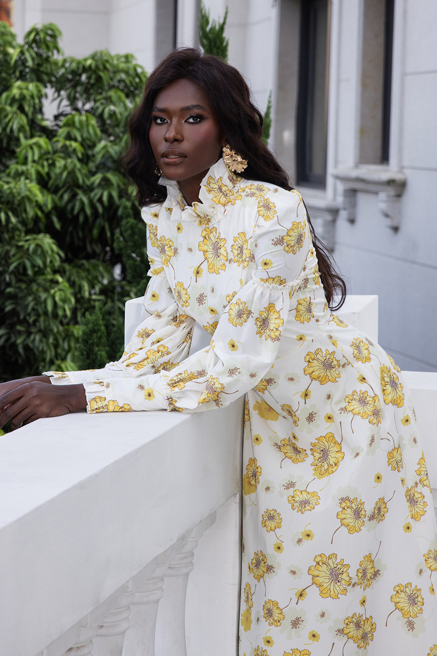 Floral Stand Collar Lantern Sleeve Maxi Dress