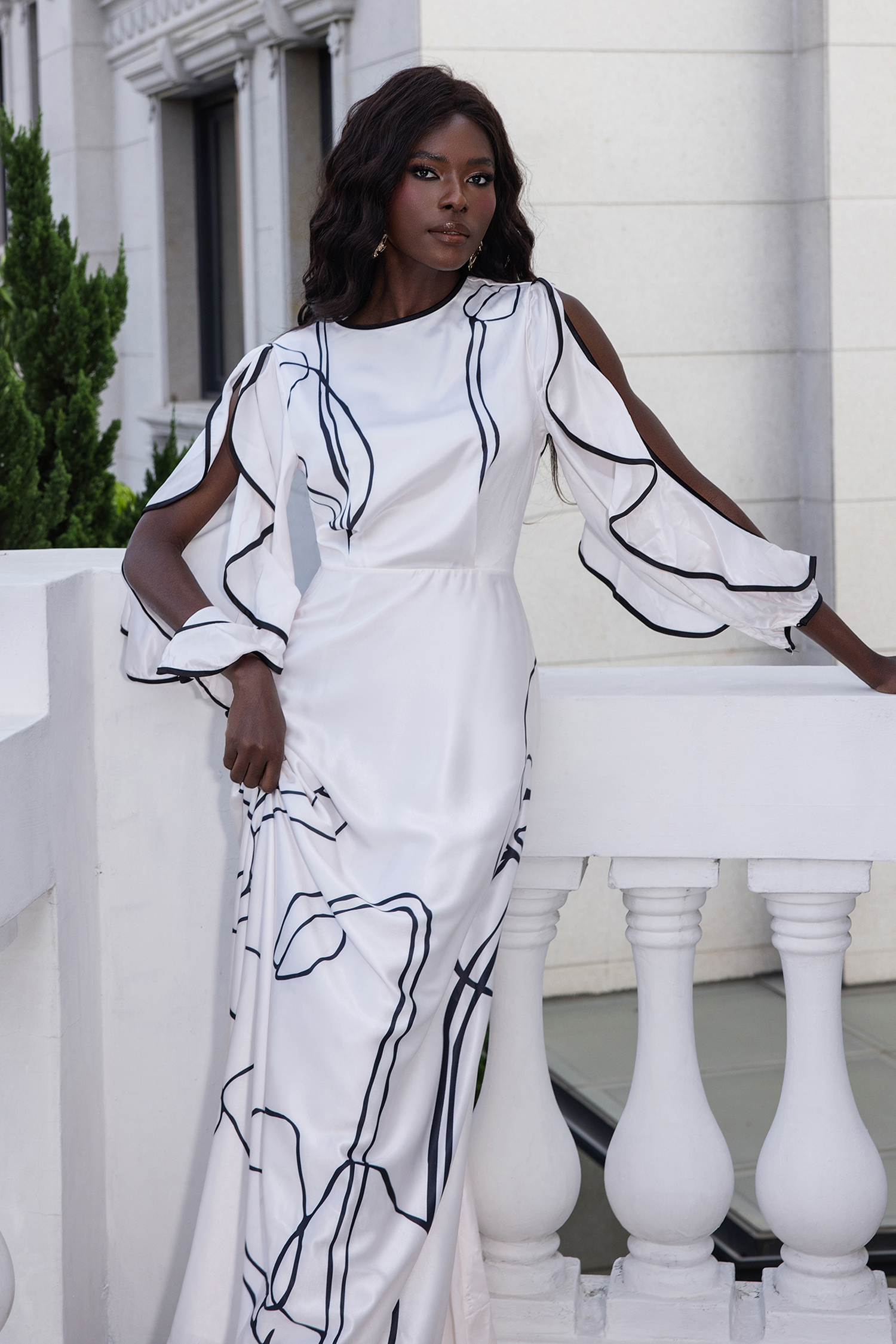 Ruffled Floral Print Satin Maxi Dress