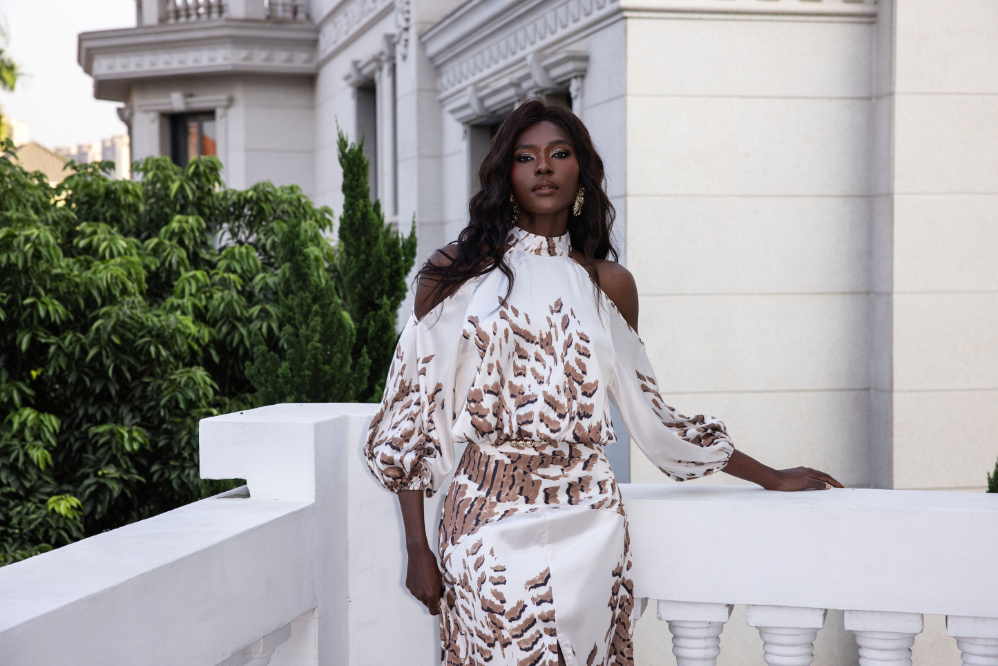 Abstract Print Cut-Out Puff Sleeve Maxi Dress