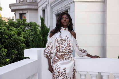 Abstract Print Cut-Out Puff Sleeve Maxi Dress