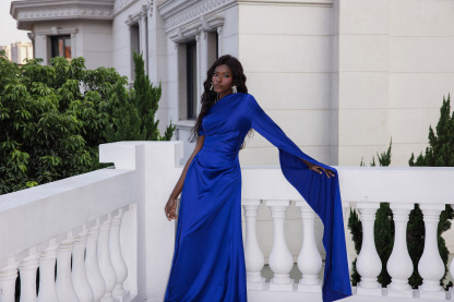 Satin Asymmetrical Neckline Draped Maxi Dress