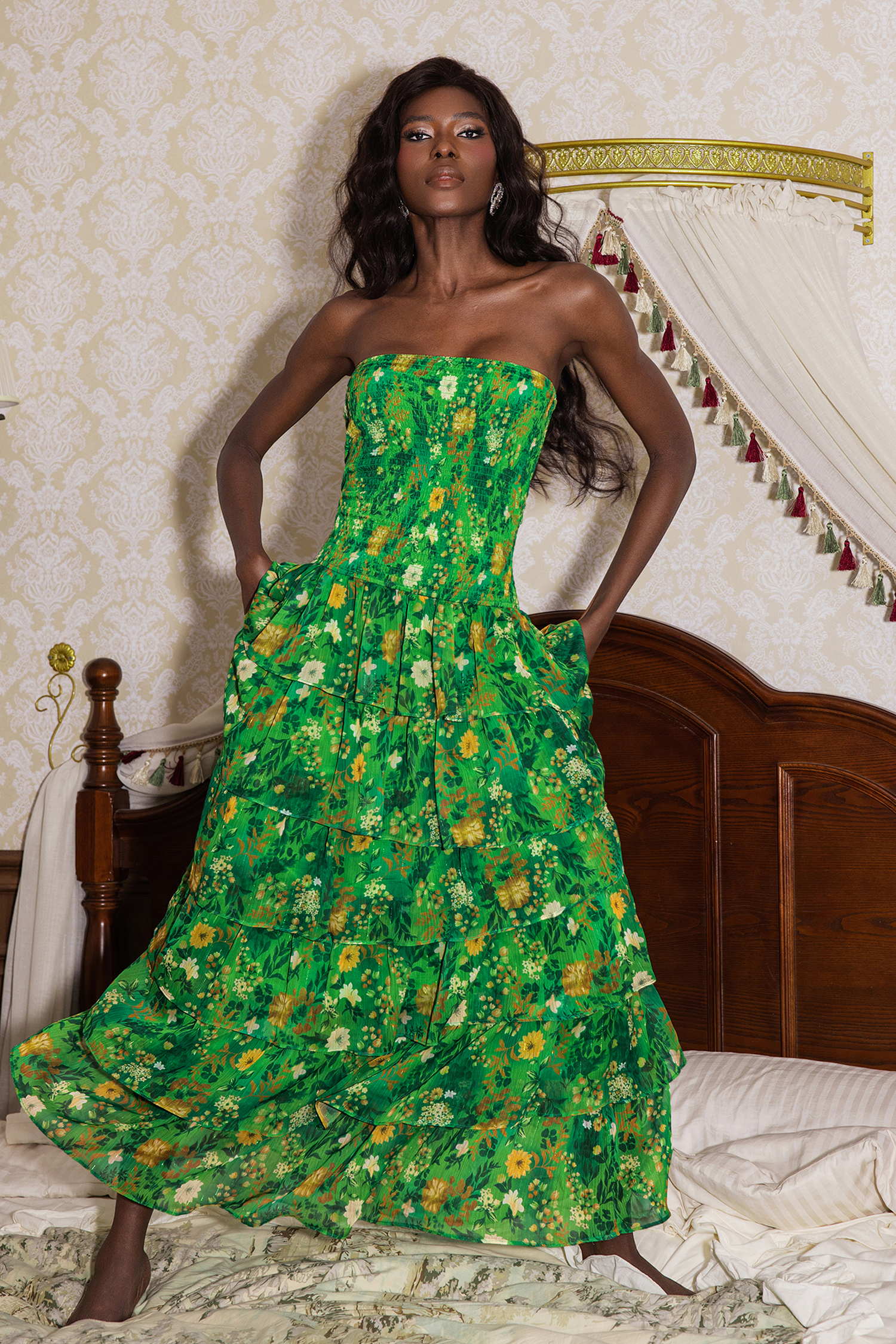 Smocking Strapless Tiered Maxi Dress