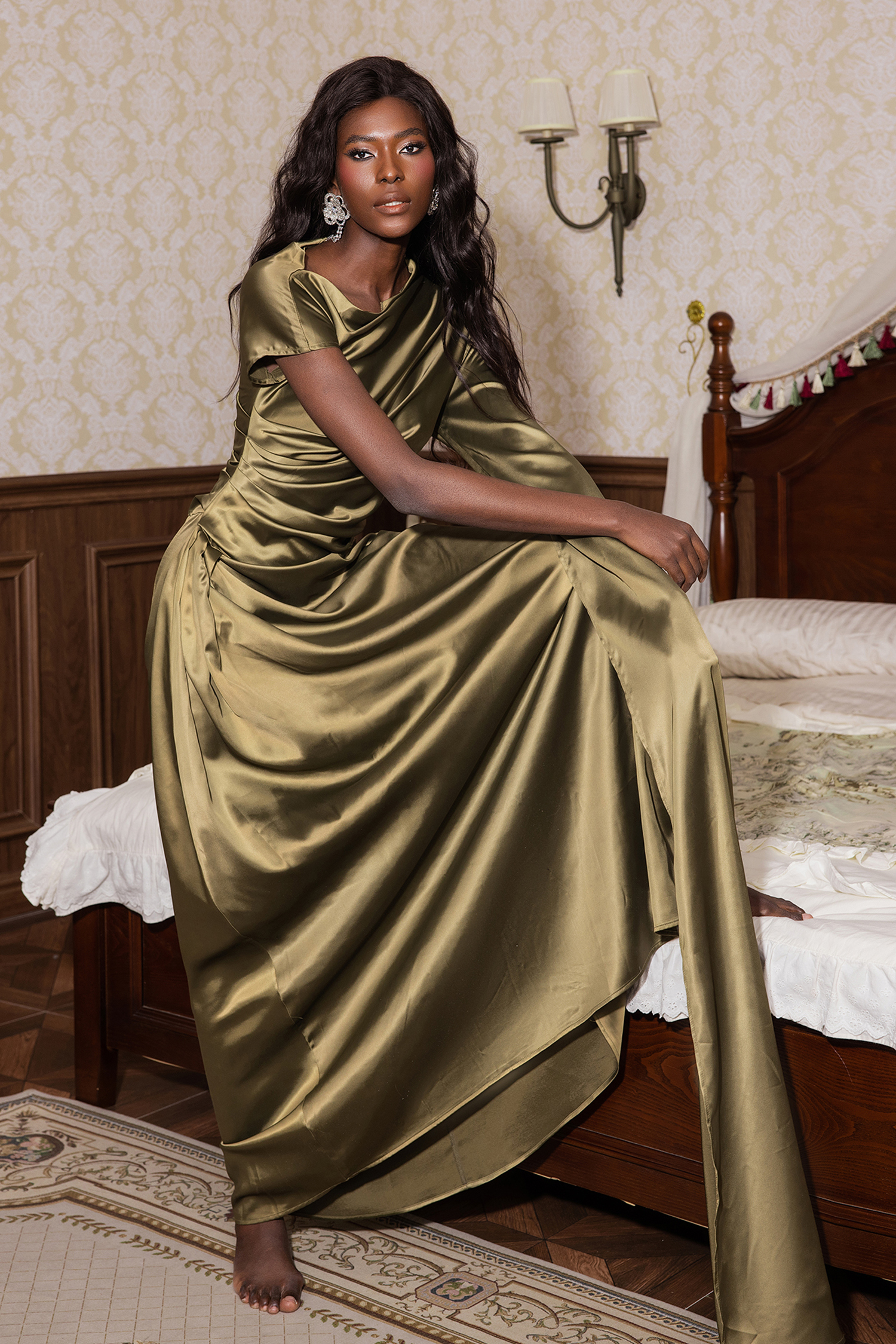 Satin Asymmetrical Neckline Draped Maxi Dress