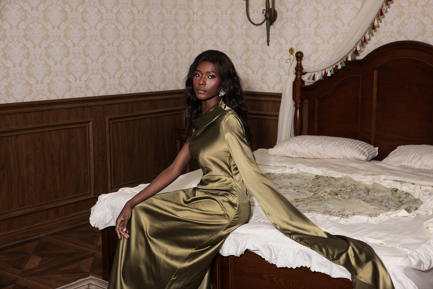 Satin Asymmetrical Neckline Draped Maxi Dress