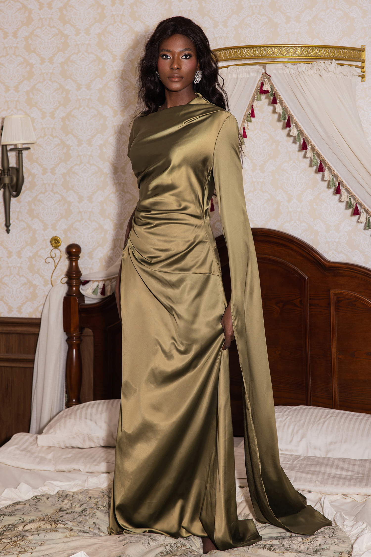 Satin Asymmetrical Neckline Draped Maxi Dress