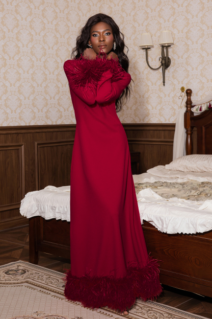 Solid Feather Long Sleeve Midi Dress