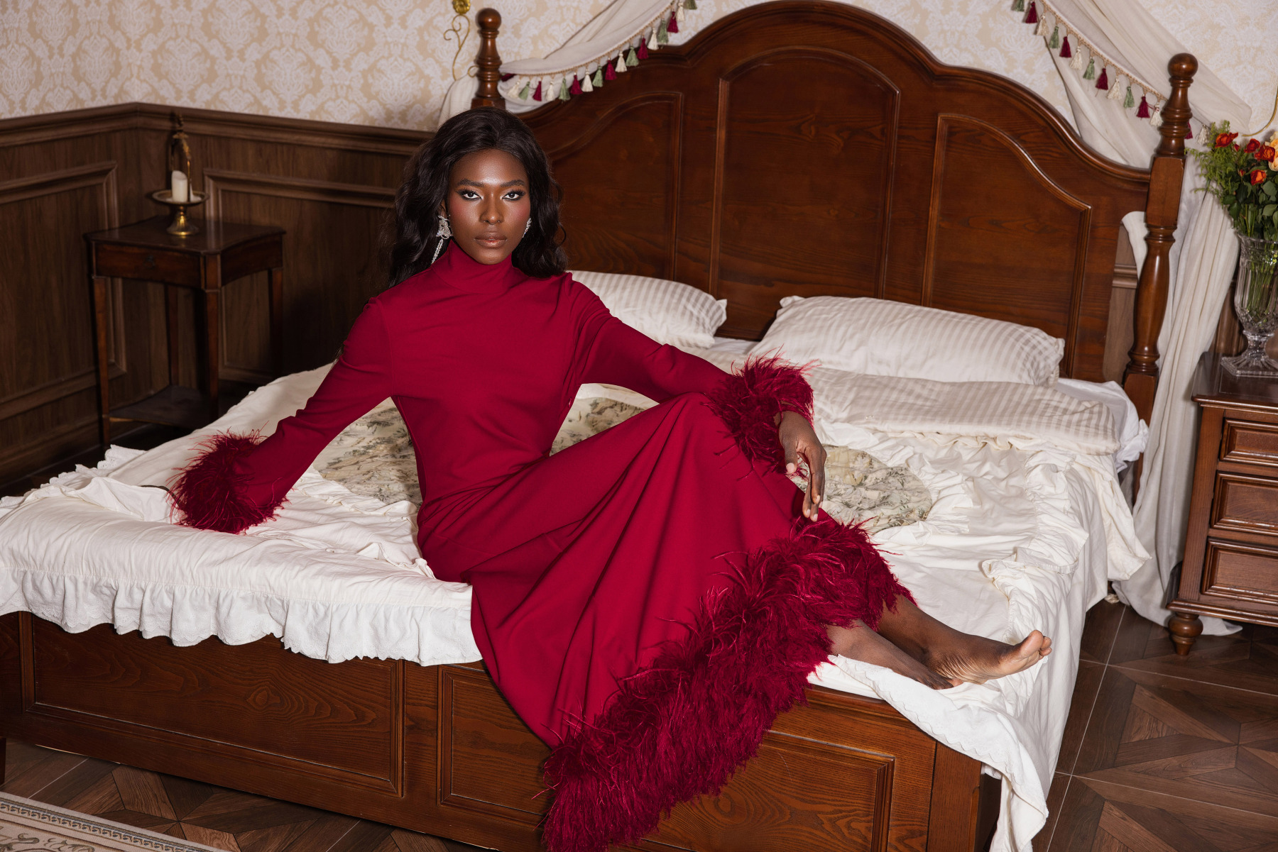 Solid Feather Long Sleeve Midi Dress