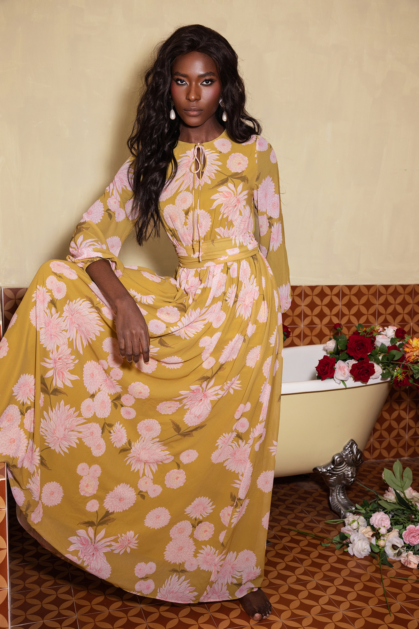 Floral Lace Up Puff Sleeve Maxi Dress