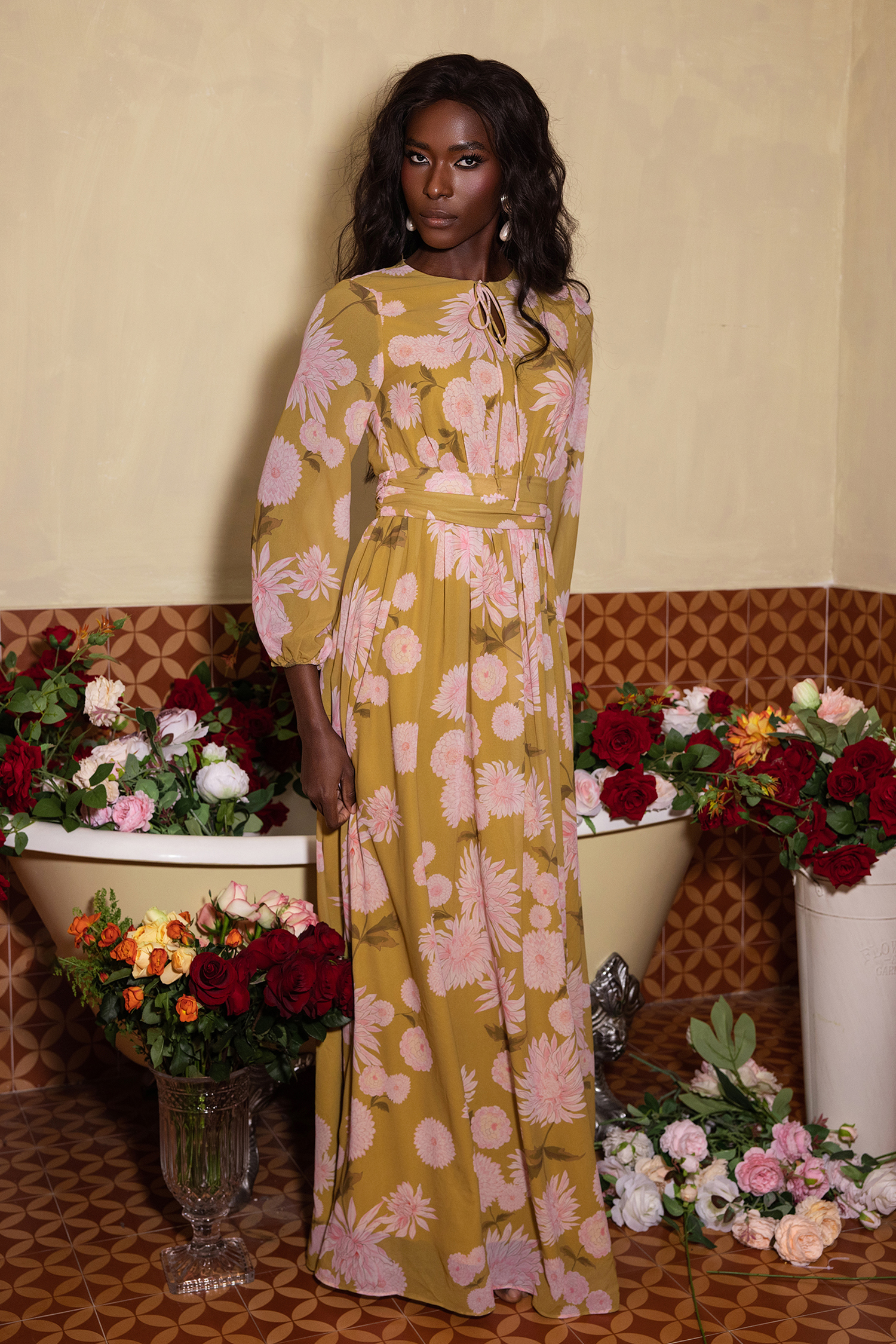 Floral Lace Up Puff Sleeve Maxi Dress