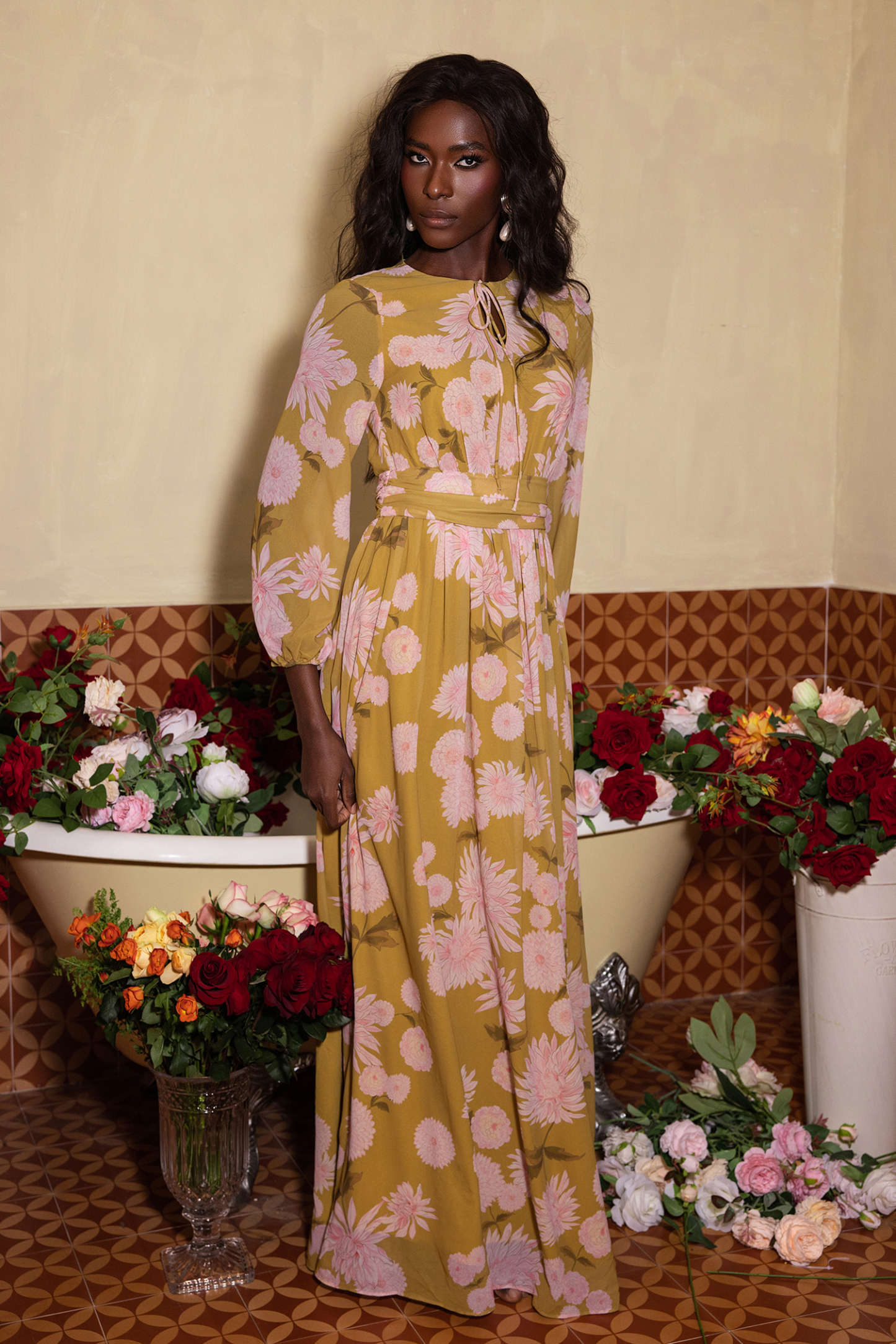 Floral Lace Up Puff Sleeve Maxi Dress