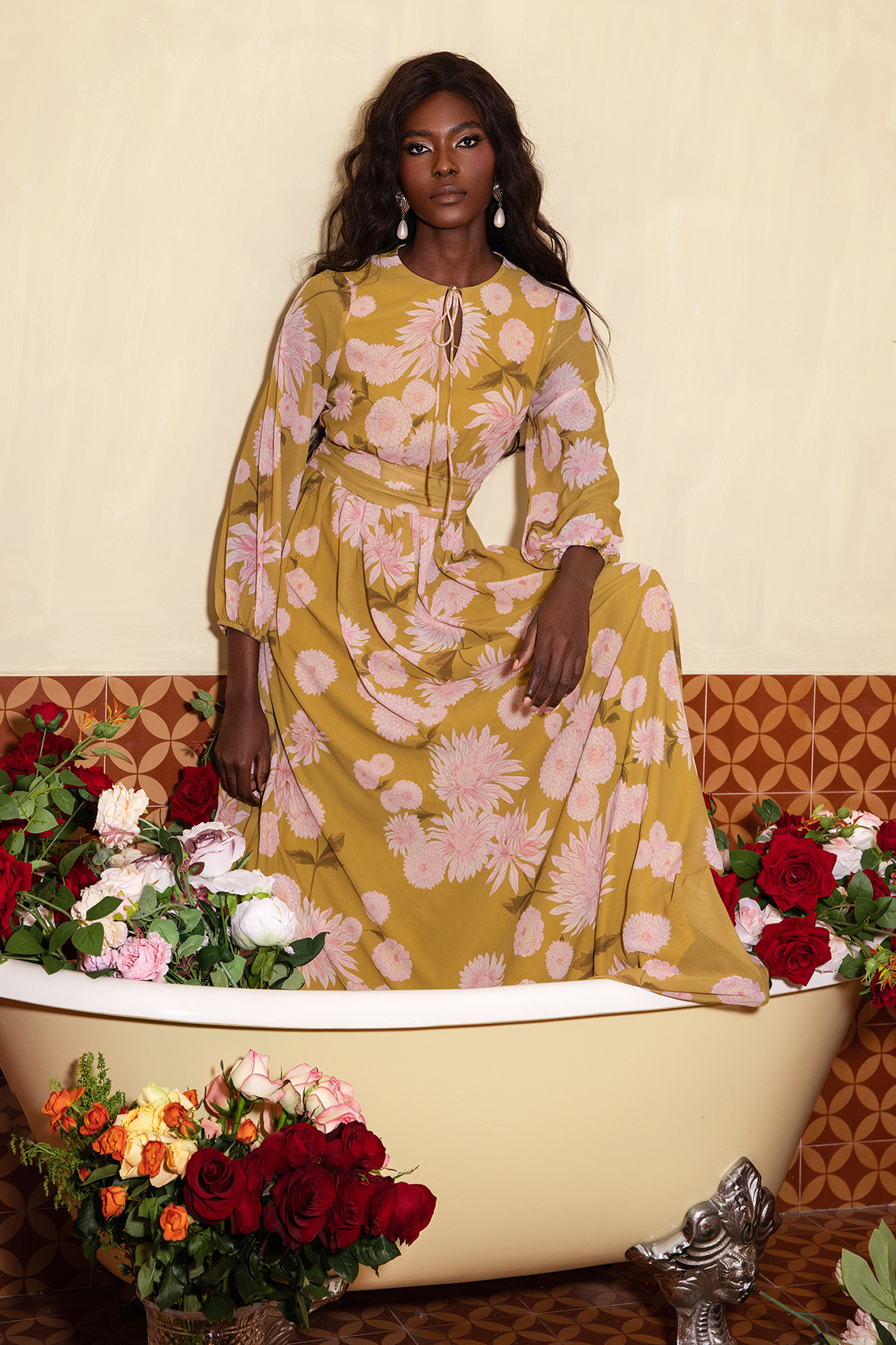 Floral Lace Up Puff Sleeve Maxi Dress