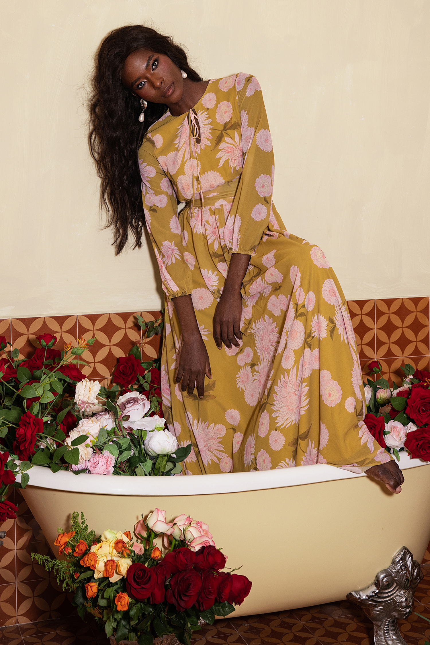 Floral Lace Up Puff Sleeve Maxi Dress