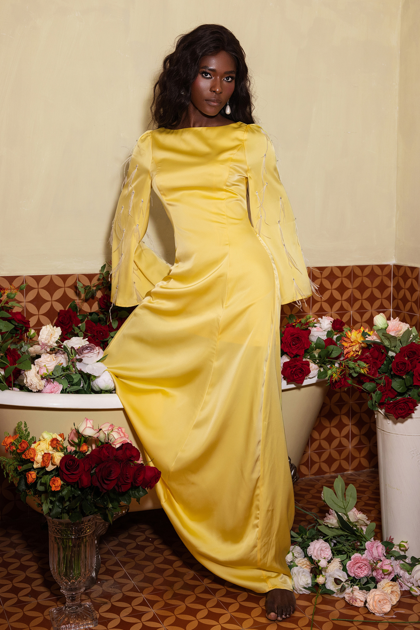 Solid Satin Rhinestone Maxi Dress