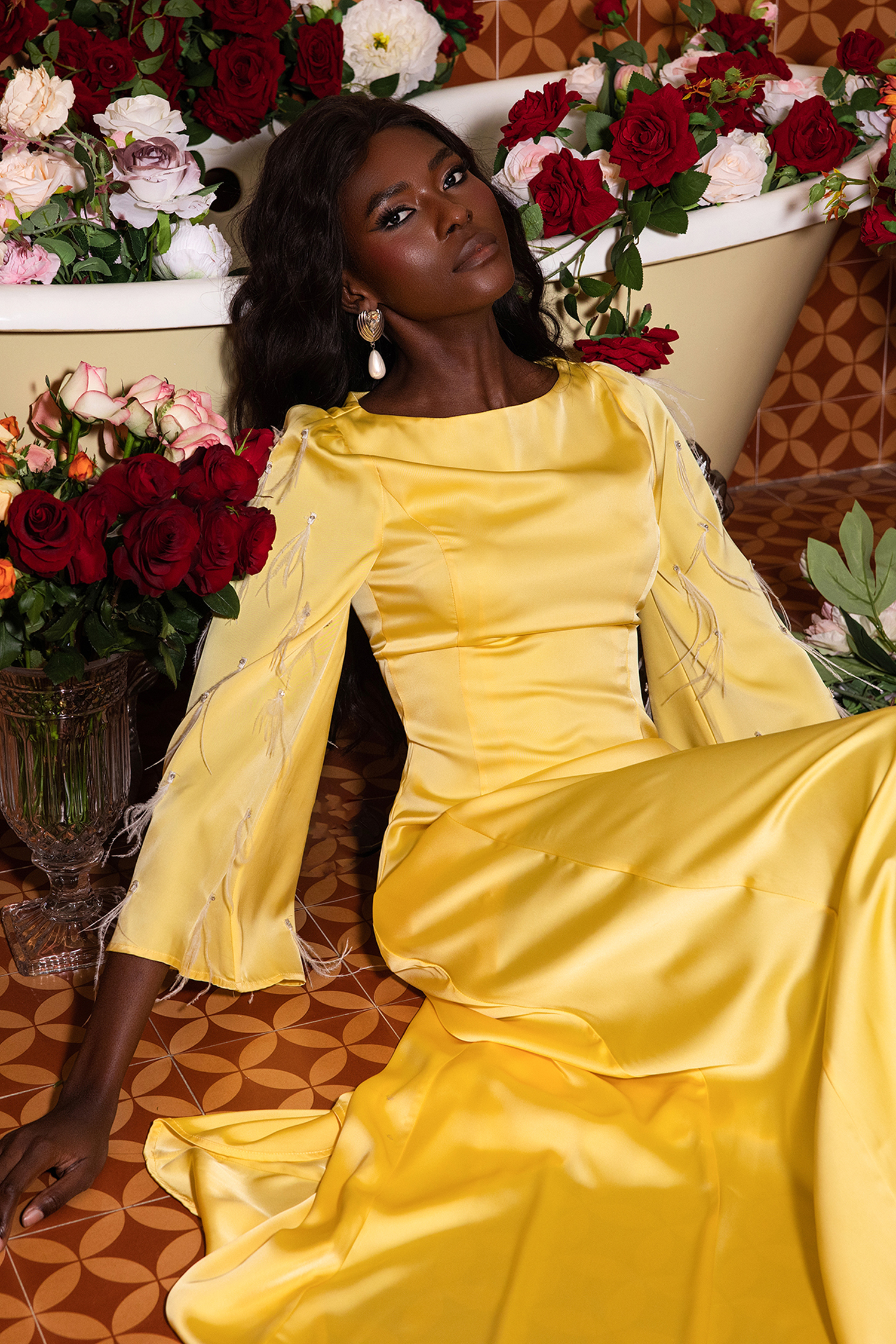 Solid Satin Rhinestone Maxi Dress