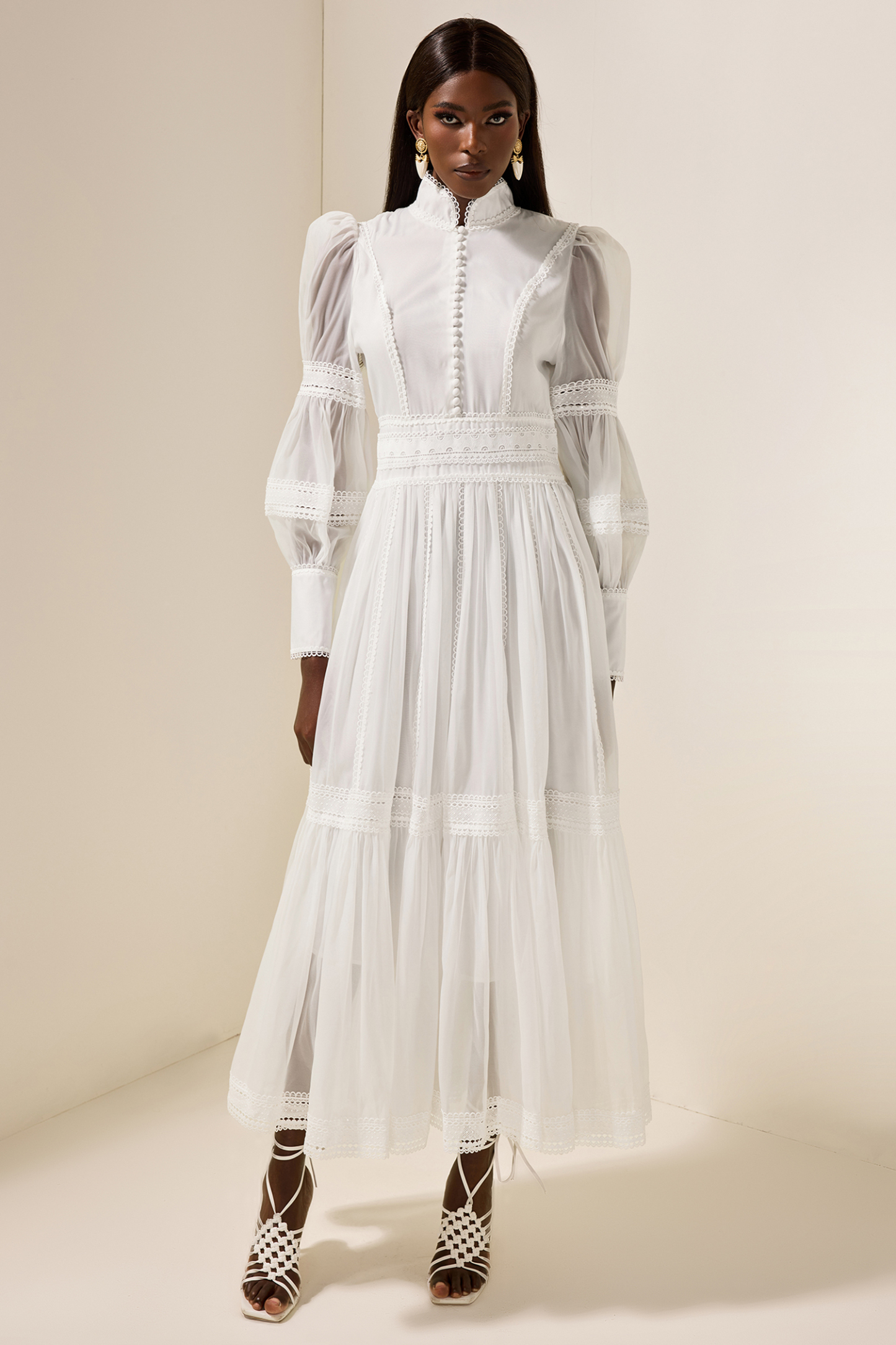 Stand Collar Puff Sleeve Lace Midi Dress