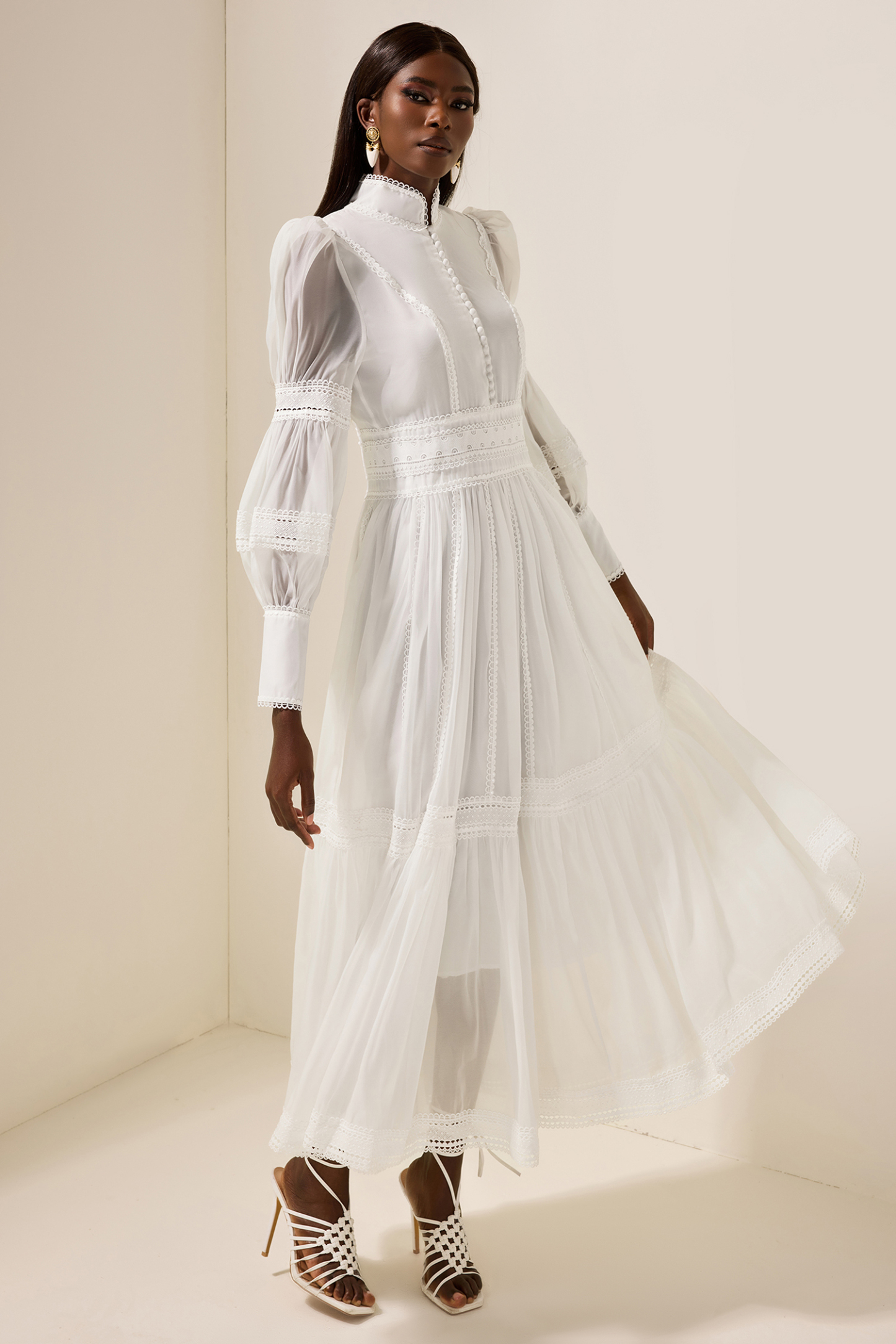 Stand Collar Puff Sleeve Lace Midi Dress