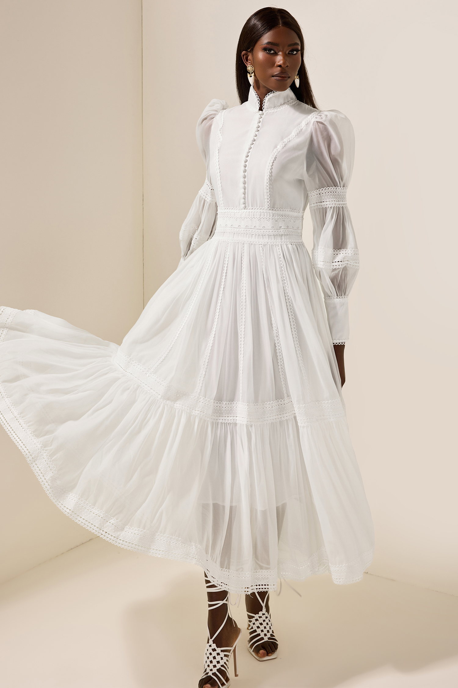 Stand Collar Puff Sleeve Lace Midi Dress