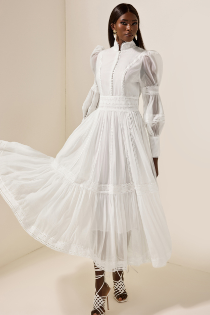 Stand Collar Puff Sleeve Lace Midi Dress