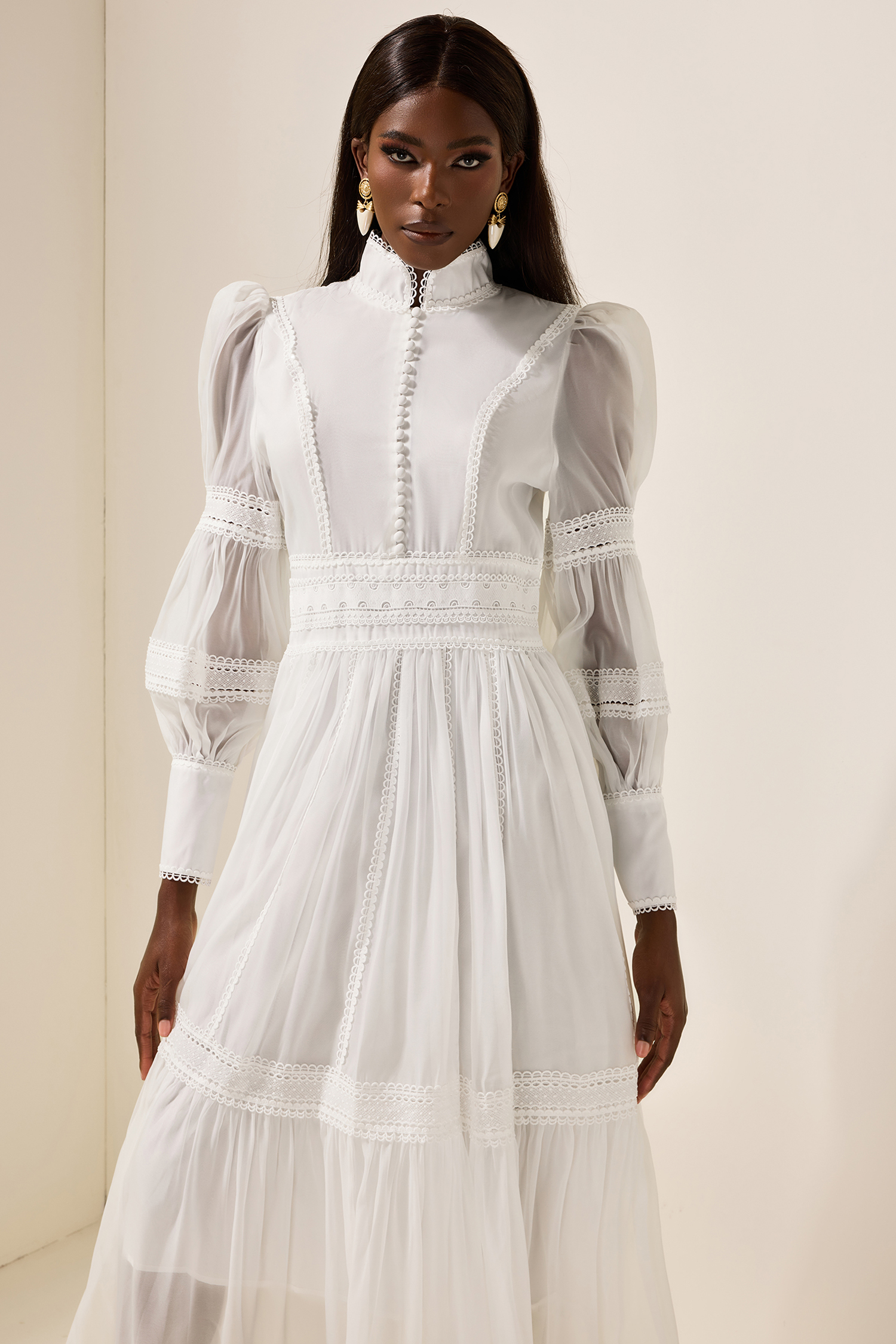 Stand Collar Puff Sleeve Lace Midi Dress