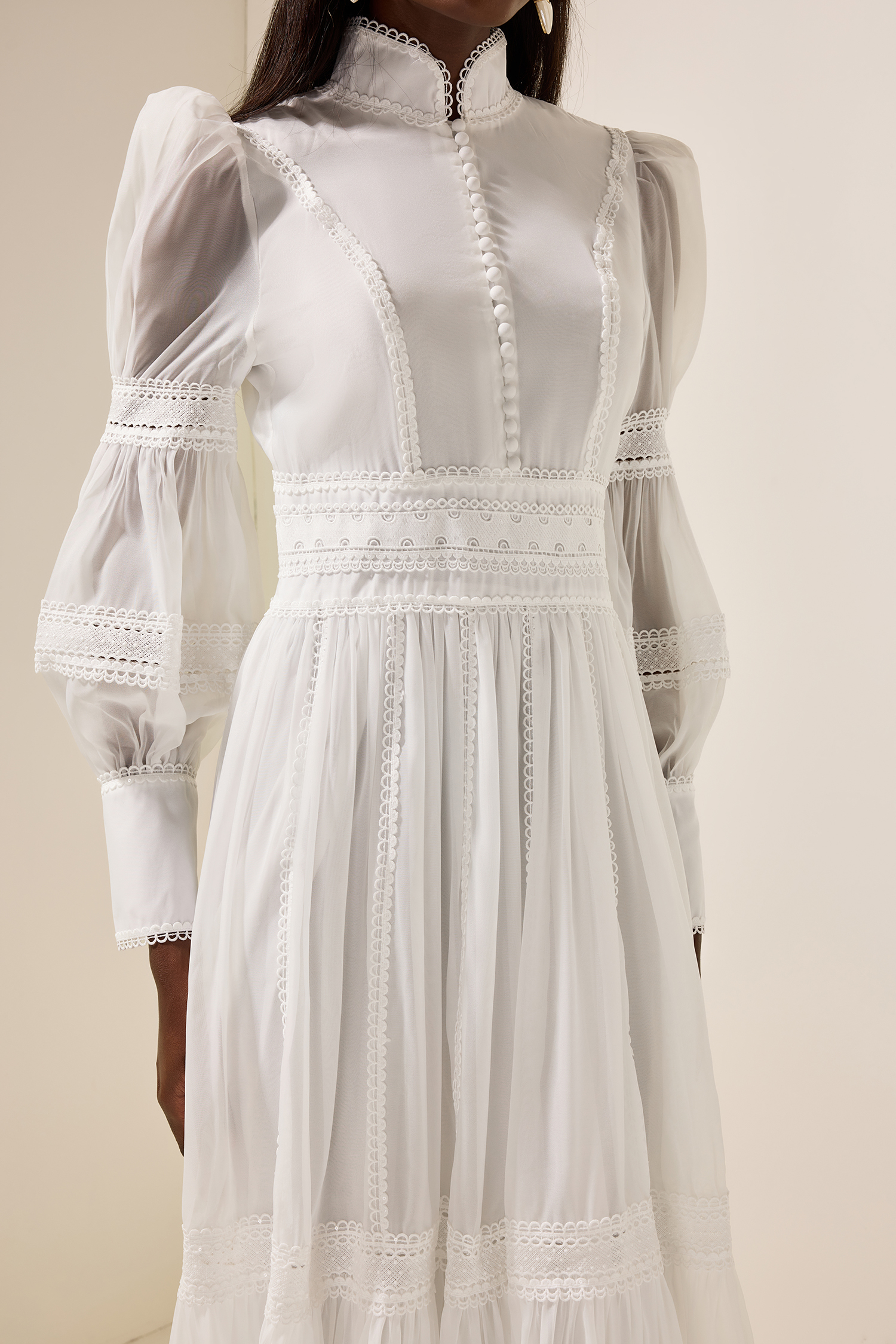 Stand Collar Puff Sleeve Lace Midi Dress