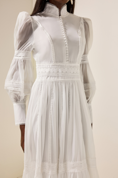 Stand Collar Puff Sleeve Lace Midi Dress