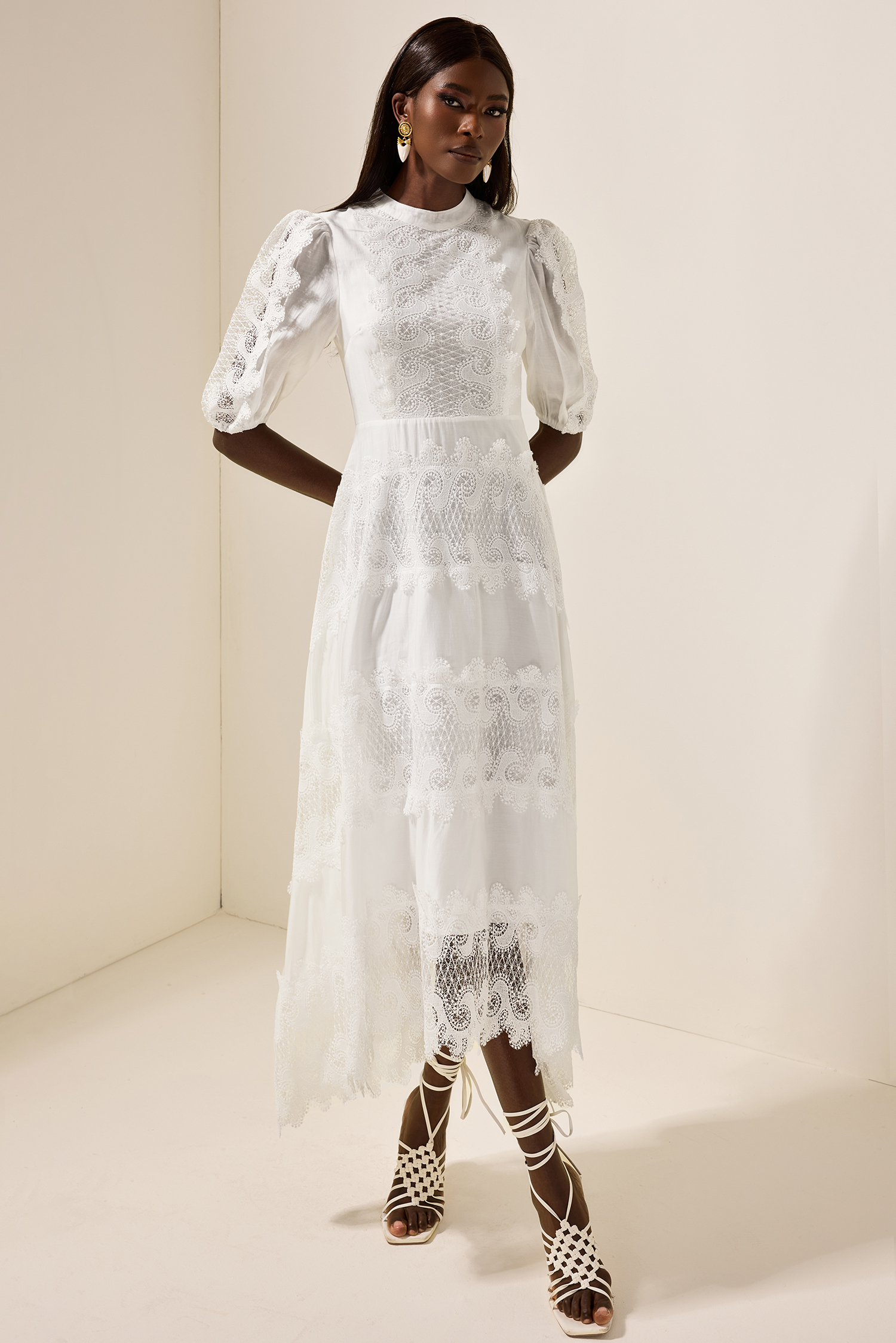 Round Neck Lace Puff Sleeve Midi Dress