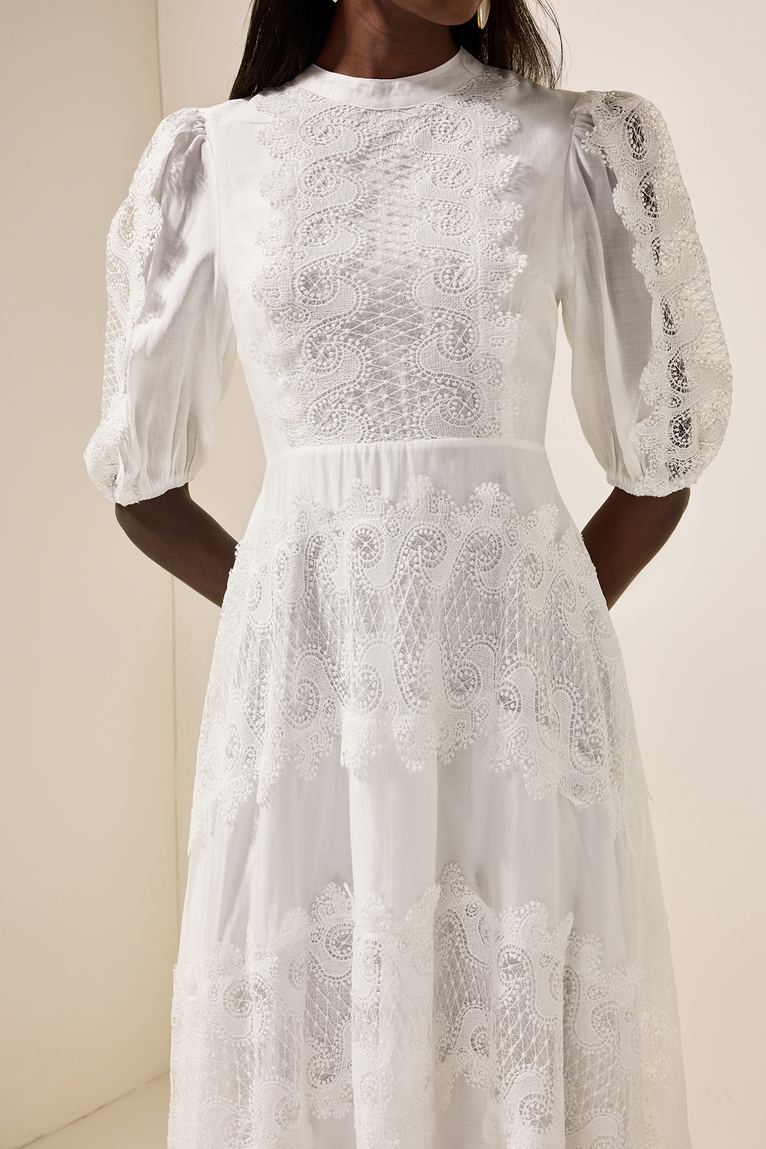 Round Neck Lace Puff Sleeve Midi Dress