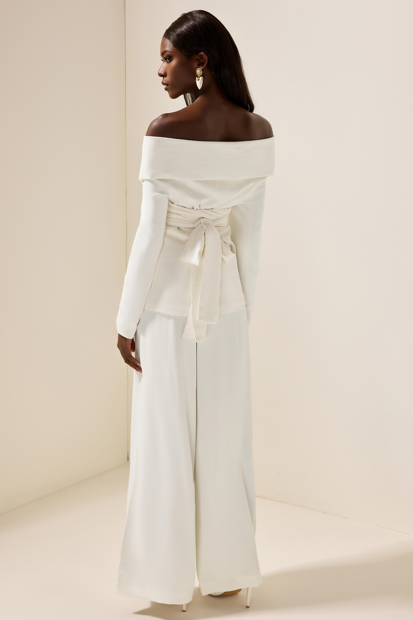 Long Sleeve Off-Shoulder Lace Up Twill Set White