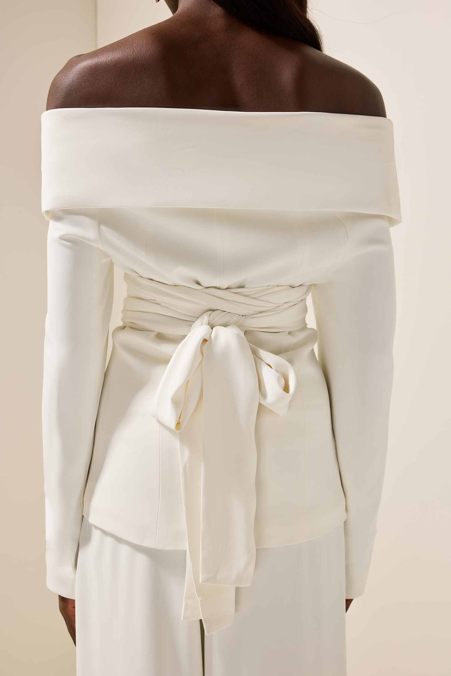 Long Sleeve Off-Shoulder Lace Up Twill Set White