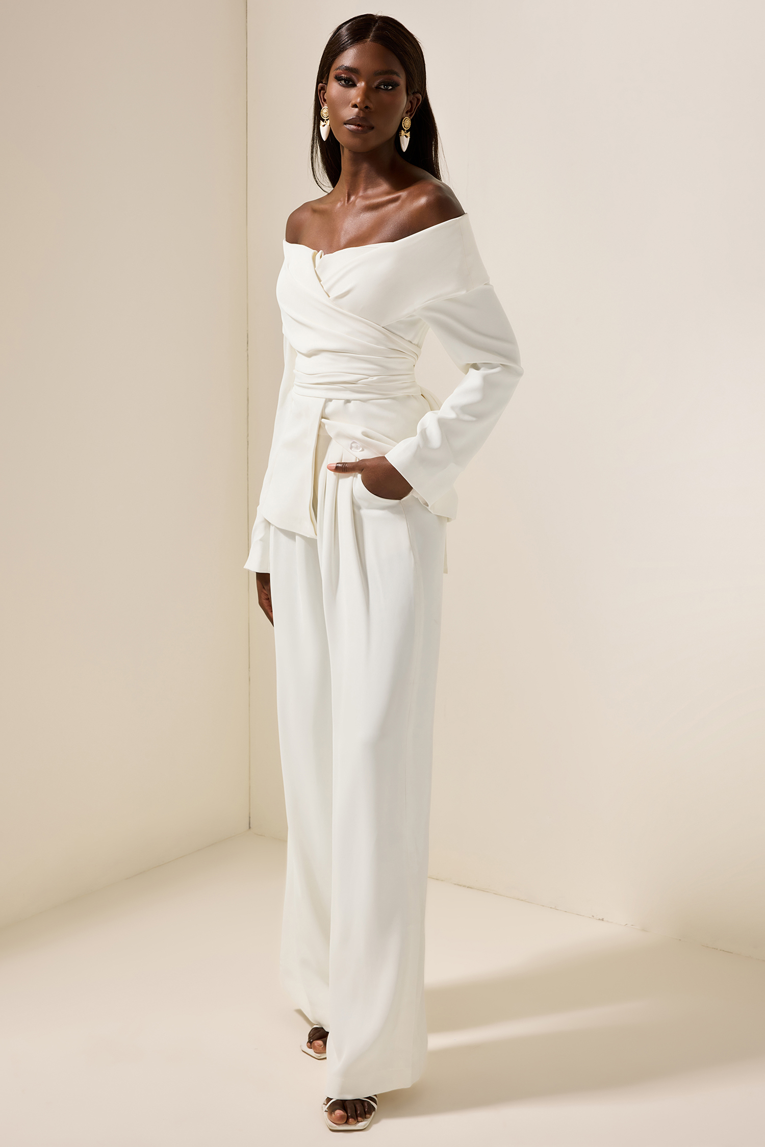 Long Sleeve Off-Shoulder Lace Up Twill Set White