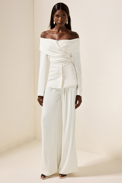 Long Sleeve Off-Shoulder Lace Up Twill Set White