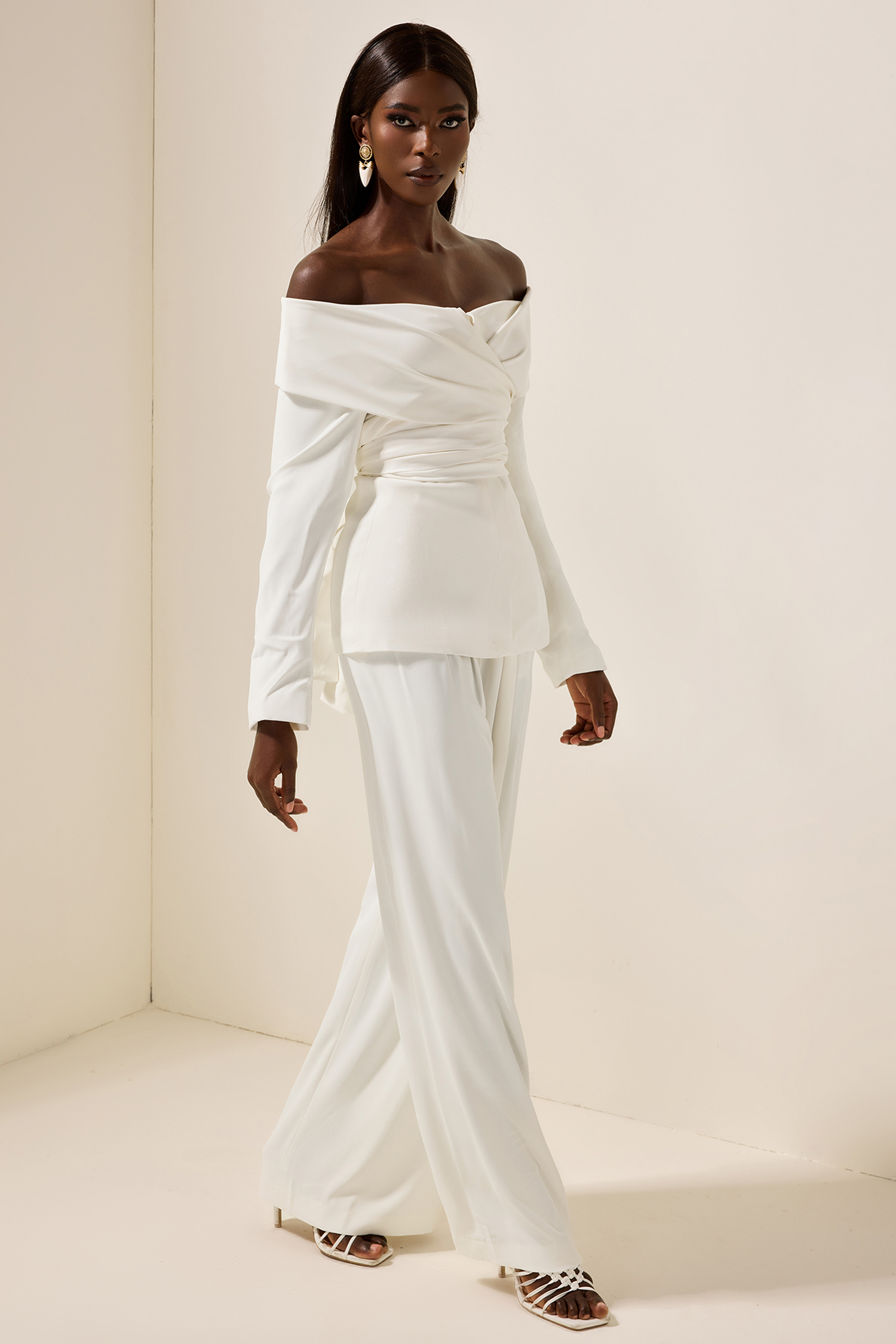 Long Sleeve Off-Shoulder Lace Up Twill Set White