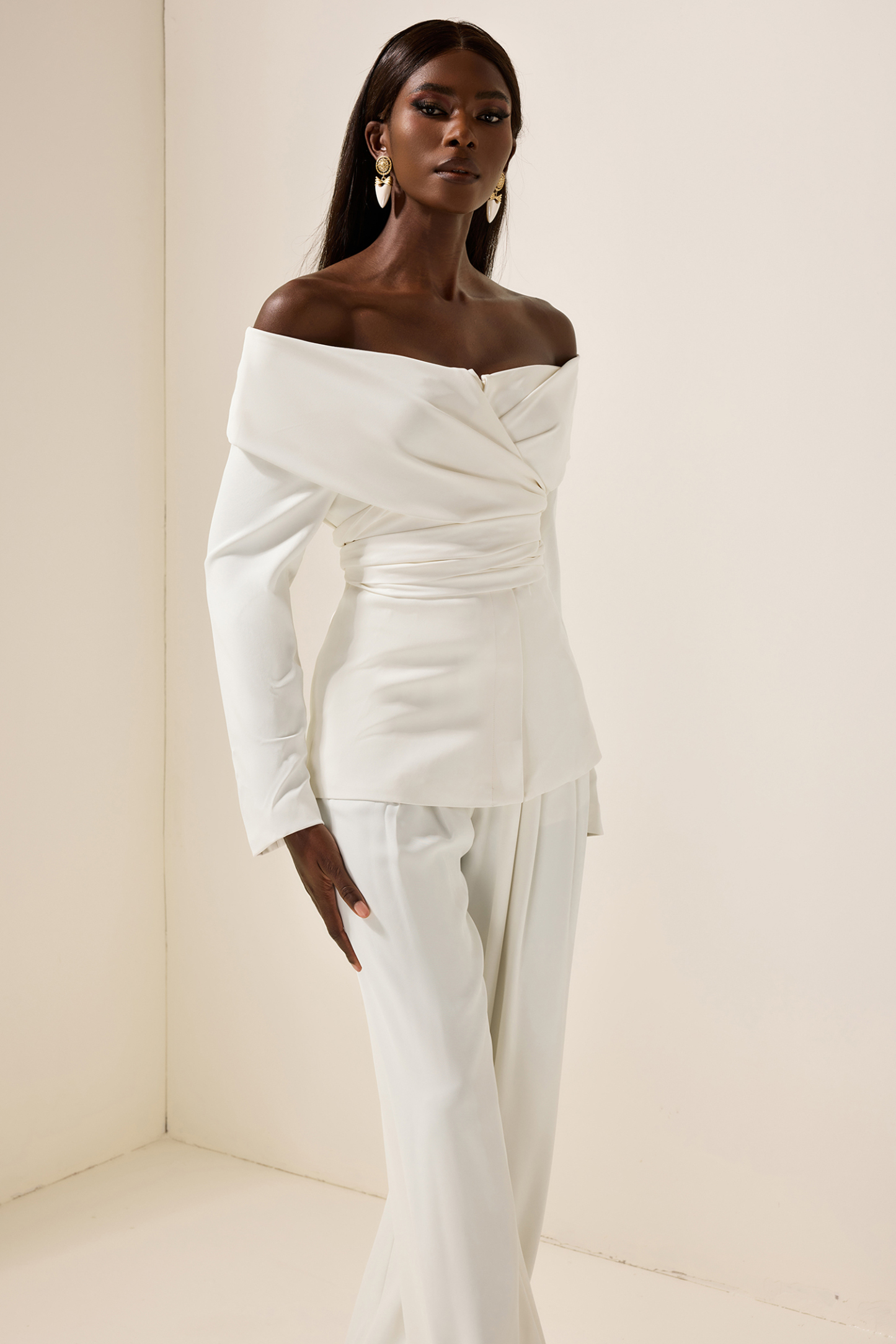 Long Sleeve Off-Shoulder Lace Up Twill Set White